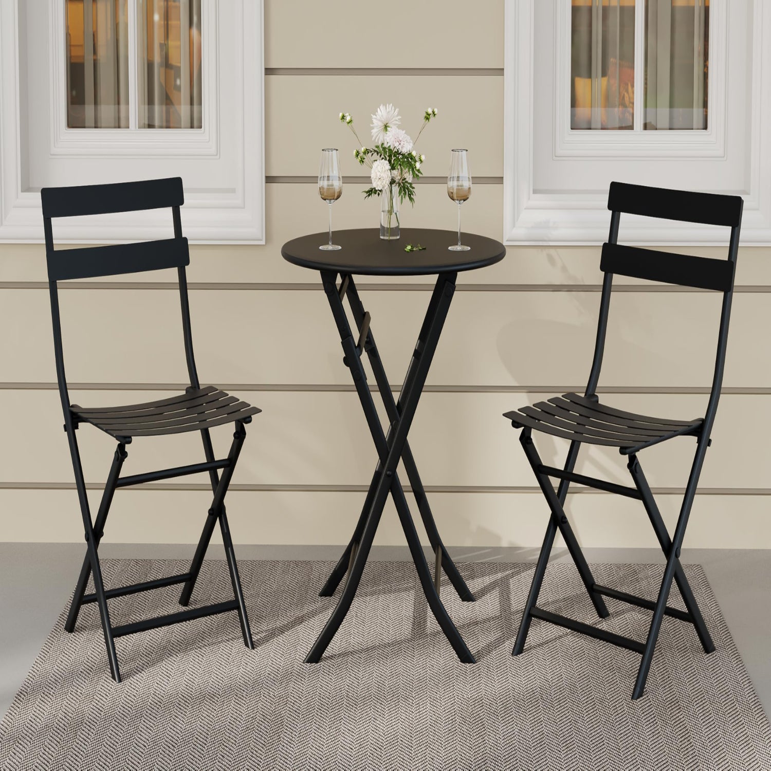 GARVEE 3-Piece Folding Patio Bistro Set with Round Table & 2 Chairs - Weather-Resistant, Space-Saving Outdoor Furniture with Premium Steel Frame in Black - Perfect for Small Balconies, Decks and Garden Dining
