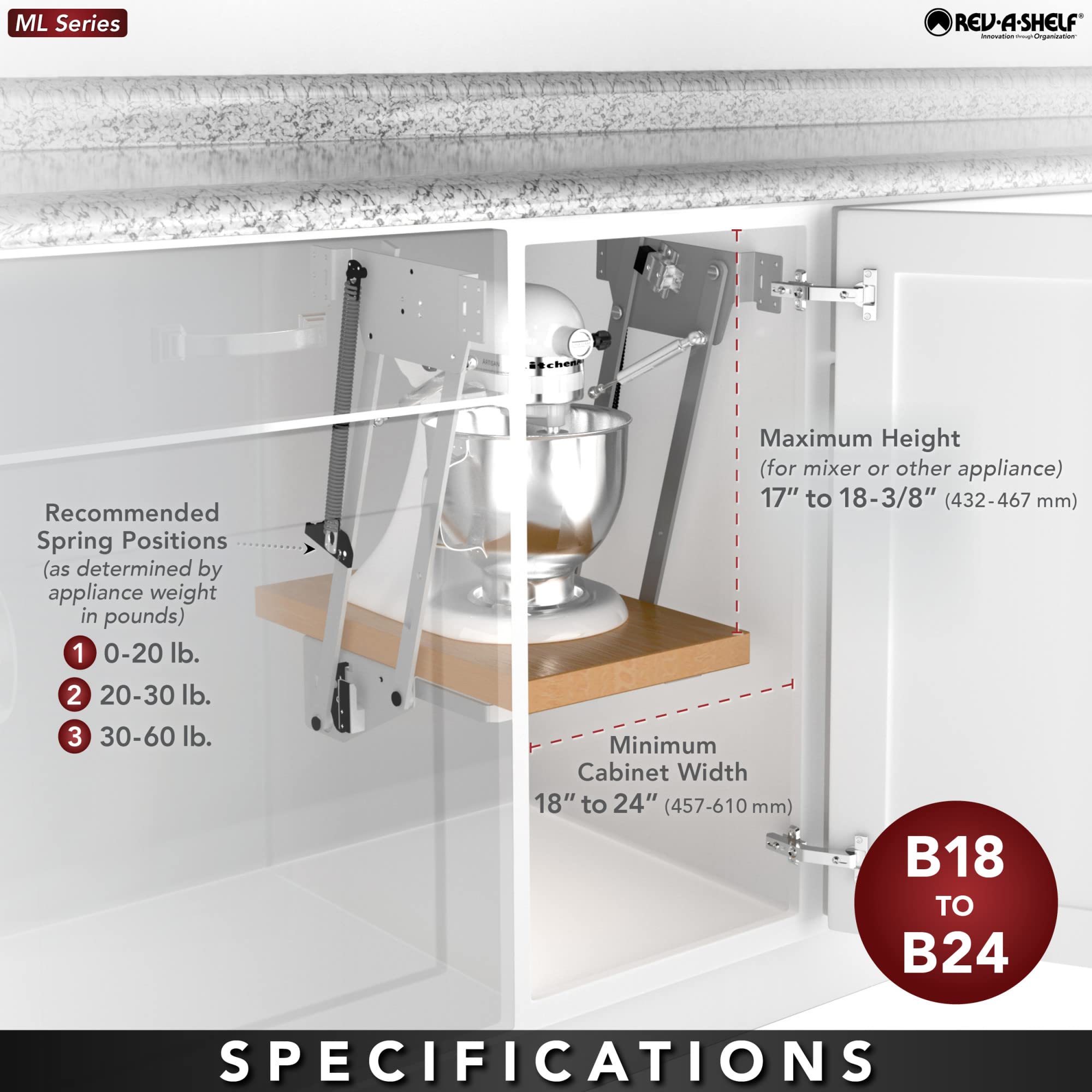 Rev-A-Shelf Heavy Duty Spring Loaded Mixer Lift for Kitchen Cabinets - Zinc RAS-ML-HDCR Appliance Organizer | Perfect for Blenders, Stand Mixers & Small Kitchen Appliances in Tight Spaces