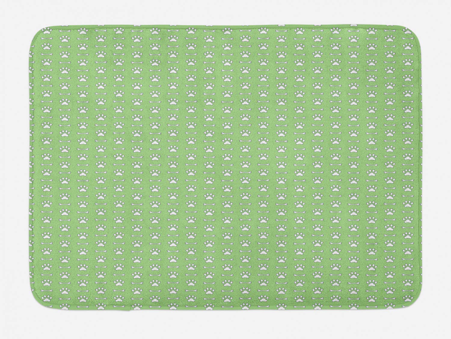 Ambesonne Non-Slip Plush Bath Mat - Paw Print Pet Theme with Greenery Monochrome Pattern, Foot Marks & Bones, 30.2