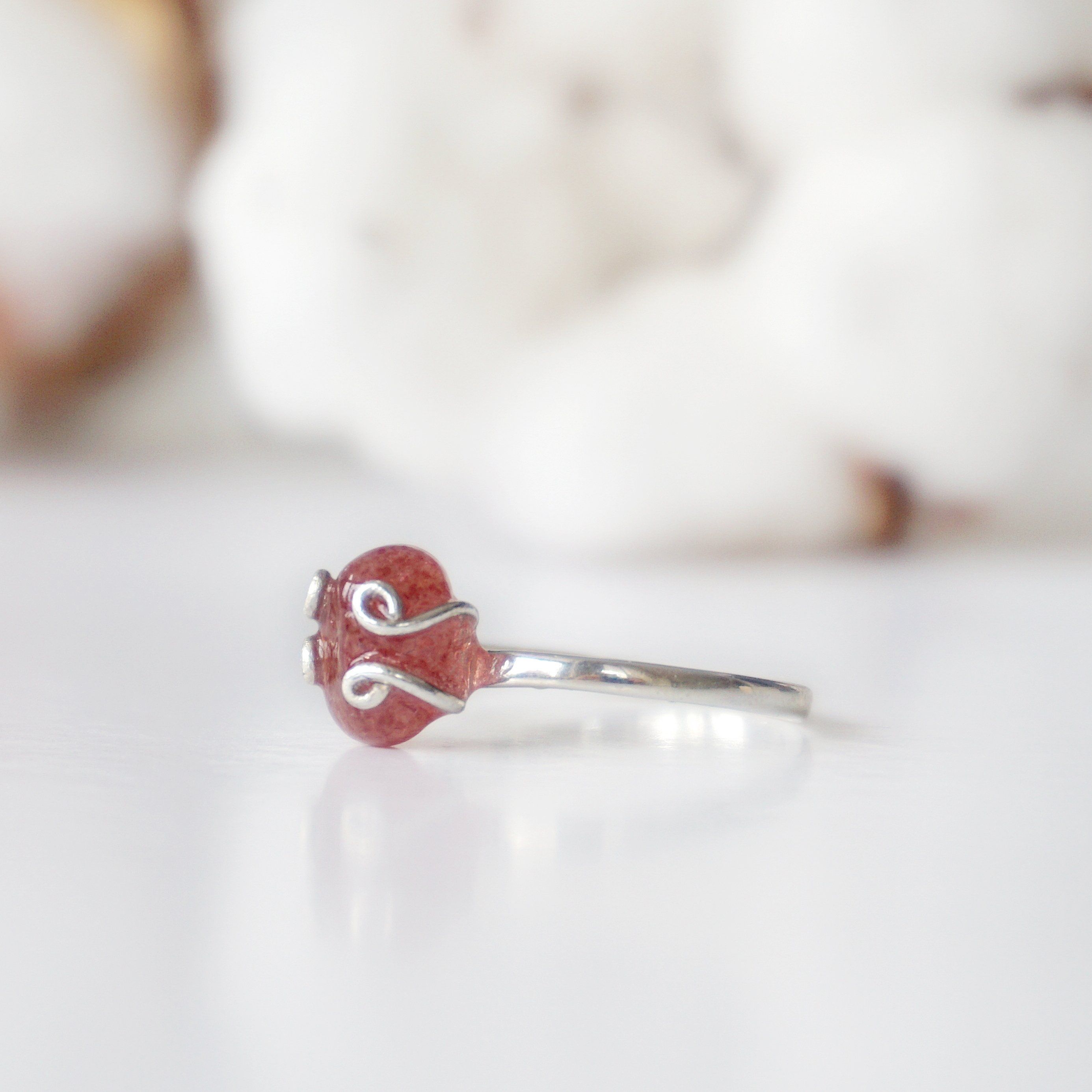Strawberry Quartz Adjustable Ring Sterling Silver 925 - Elegant Adjustable Size Jewelry for Women, Gift for Her, Wedding, Party & Everyday Wear