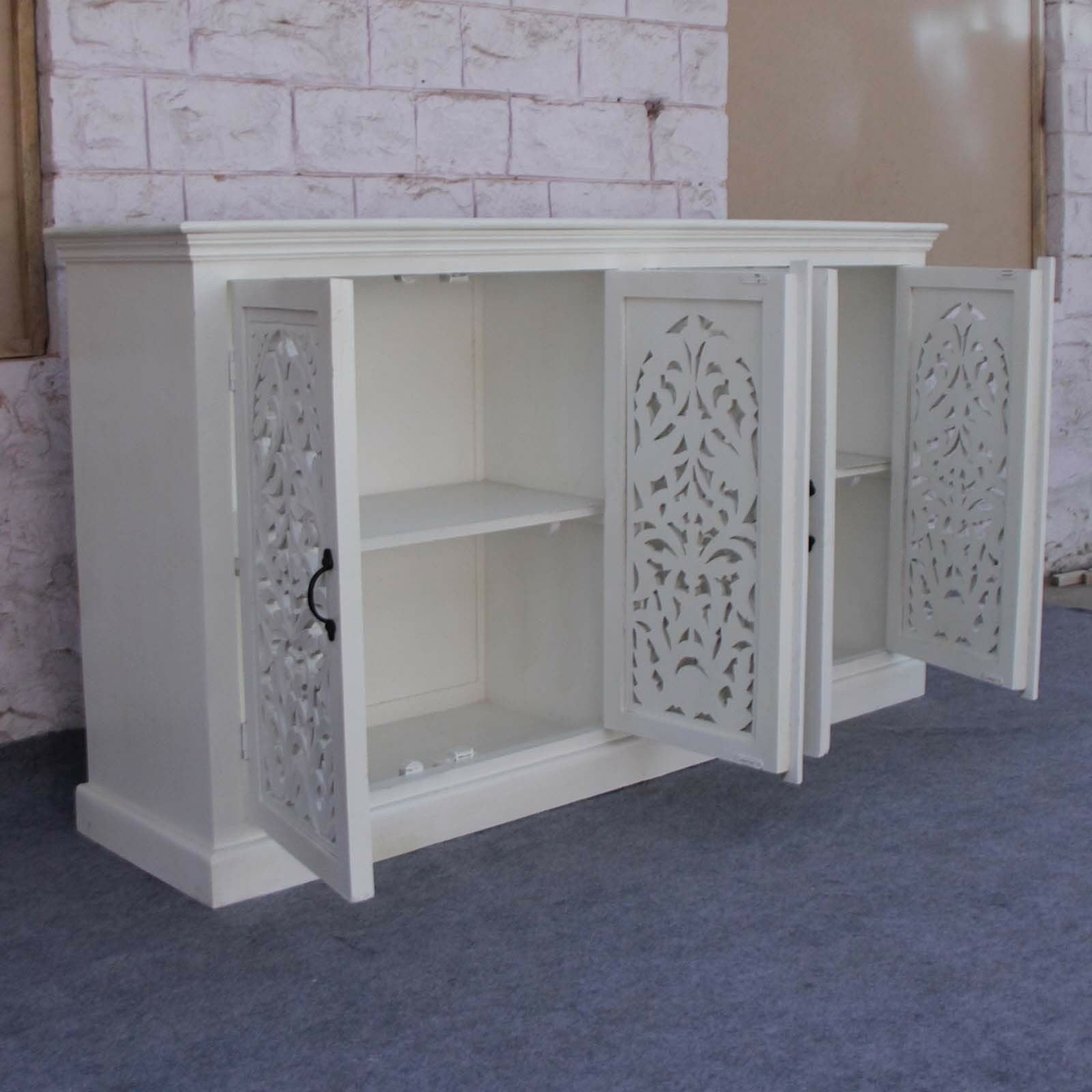 Hand Carved White Floral Jali Design Sideboard 160cm - Elegant Storage Solution for Living Room, Dining Room & Entryway