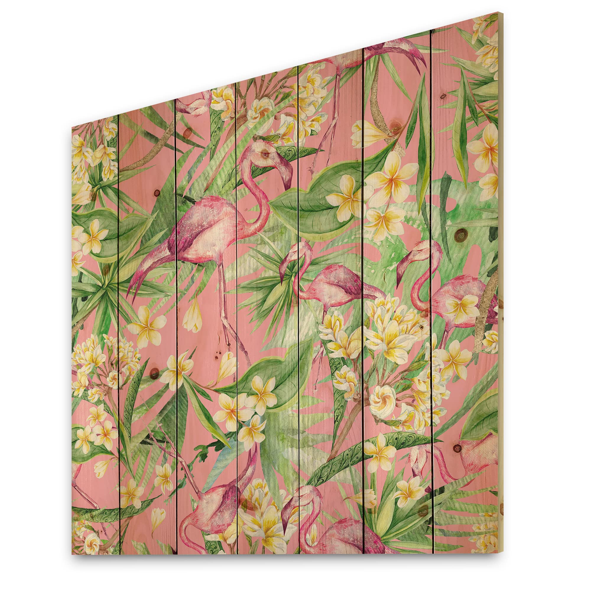 Tropical Floral Wood Wall Art - Pink Flamingo & Yellow Flowers on Pine for Home Decor