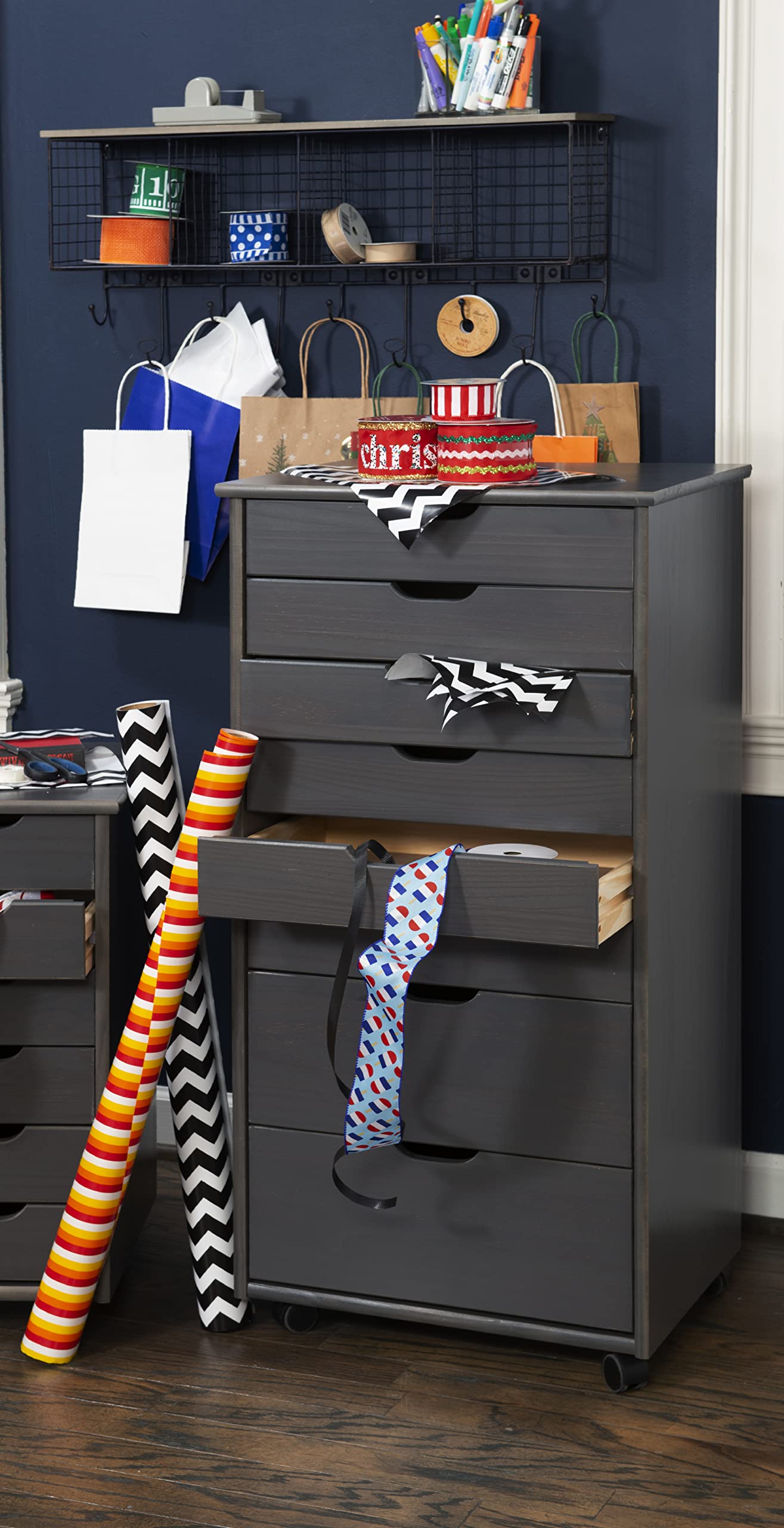 Linon Corinne 8-Drawer Rolling Storage Cart - Grey Organizer for Home, Office & Dorm | Space-Saving Mobile Cabinet for Bedroom, Bathroom & Kitchen Organization