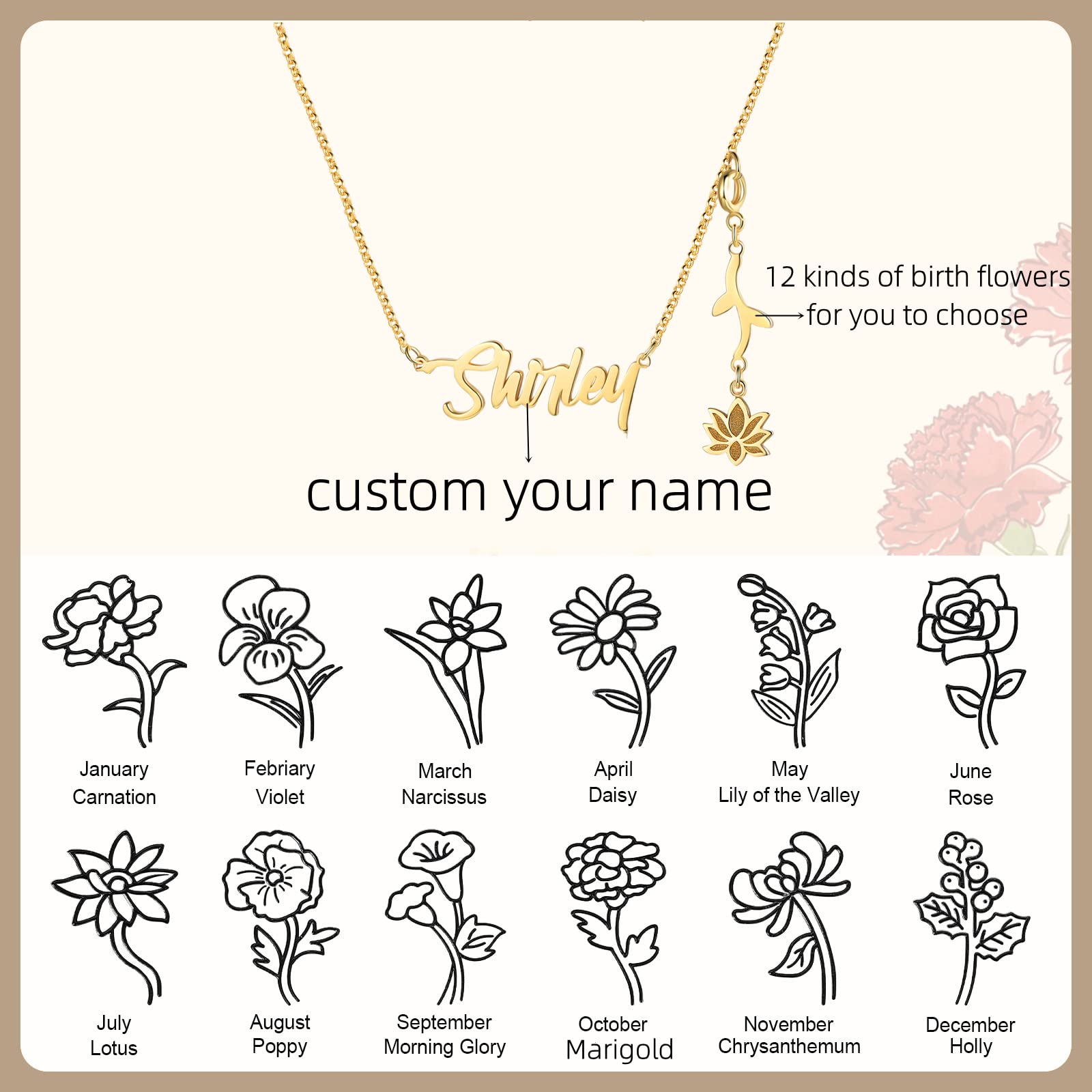 Custom Birth Flower Name Necklace for Women - 925 Sterling Silver & Gold Personalized Jewelry with Dainty Birth Month Flower Charm | Unique Birthday Gift for Her, Anniversary Present, Mother's Day Jewelry