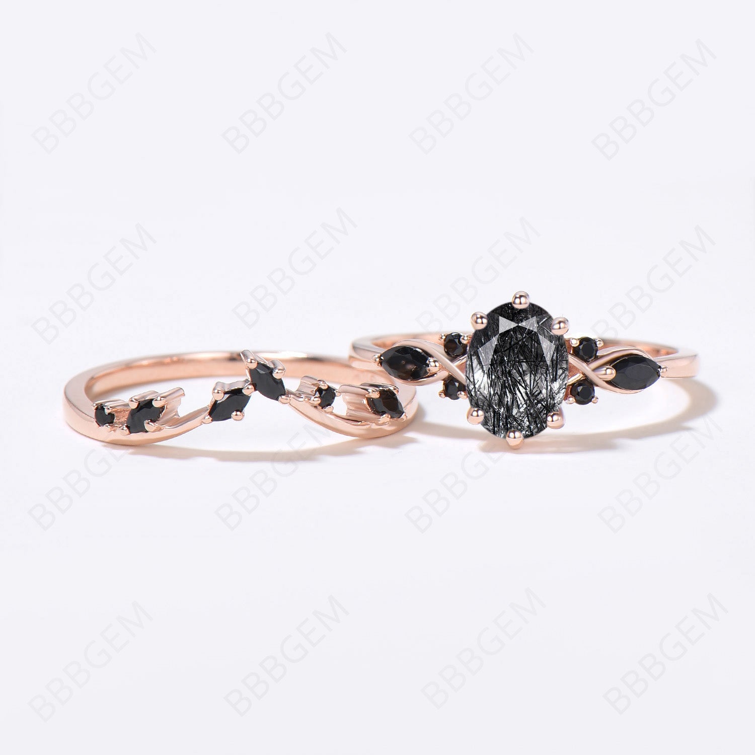 Rose Gold Oval Black Rutilated Quartz Engagement Ring Set - Elegant Wedding Band for Women, Unique Gemstone Jewelry Gift for Her - Perfect for Proposals, Anniversaries & Special Occasions