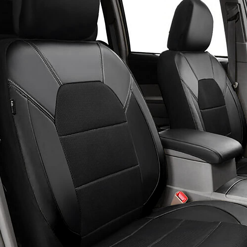 2003-2019 Jeep Cherokee & Grand Cherokee 5-Seat Front Seat Covers - Premium PU Leather & Cloth Blend, Comfortable & Durable Black Auto Seat Protectors - Perfect for Daily Commuting, Road Trips & Off-Road Adventures