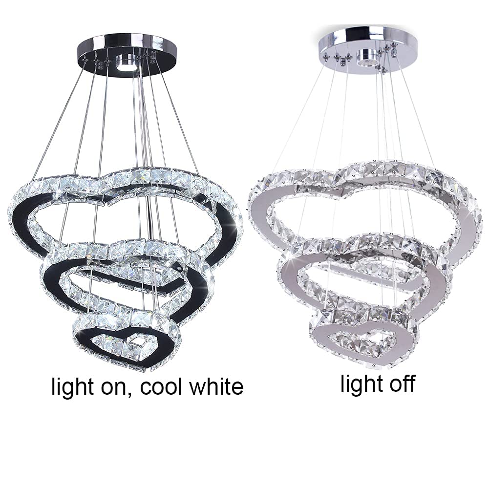Winretro Modern 3 Ring Crystal Heart LED Chandelier - Stainless Steel Chrome Pendant Light Fixture for Ceiling - Elegant Lighting for Living Room, Dining Room, Kitchen & Bedroom | Perfect for Romantic Dinners, Home Decor & Wedding Venues