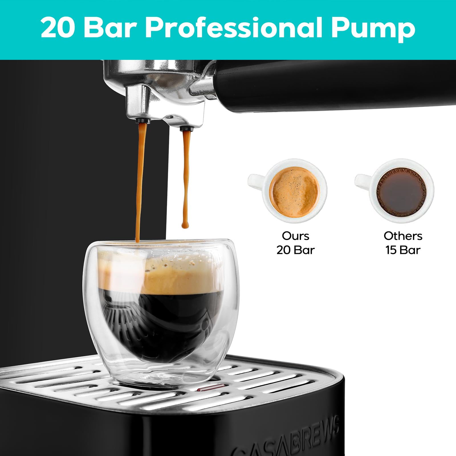 CASABREWS 20 Bar Professional Espresso Machine with Steam Milk Frother - 49oz Removable Water Tank Coffee Maker for Cappuccino & Latte - Perfect for Home Baristas & Coffee Shops (Black)