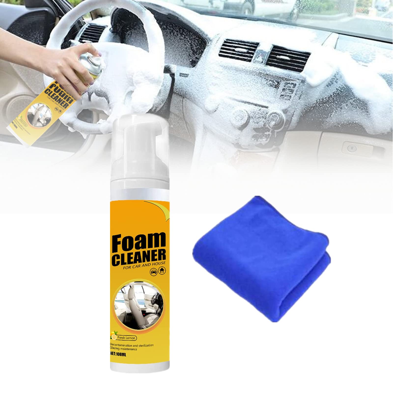 JGHGO Warmtint Powerful Foam Cleaner - Stain Remover Kit with Rinse-Free Multipurpose Foaming Cleaner & Matching Towel (1PC) - Ideal for Car Seats, Upholstery, and Home Cleaning