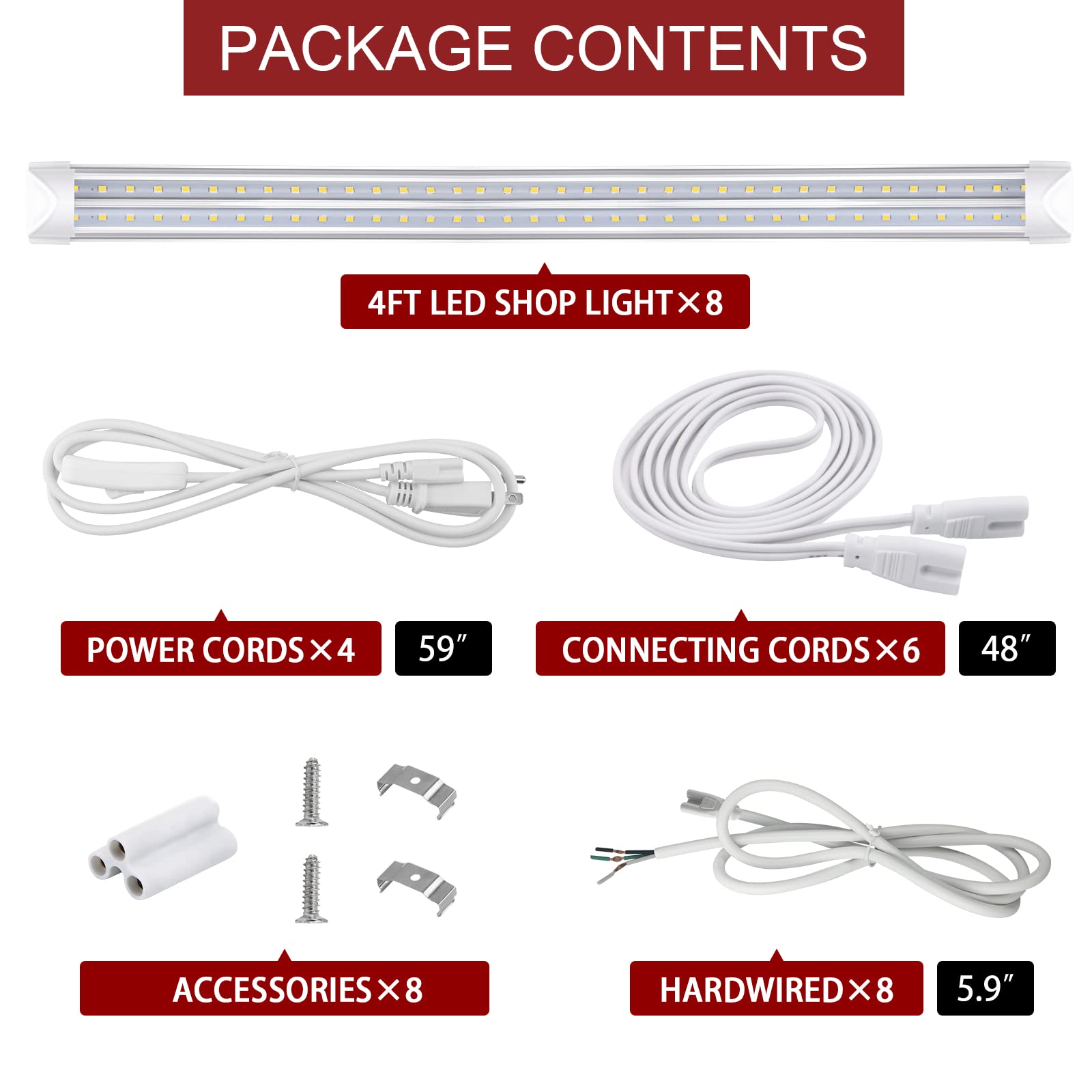 (8 Pack) T8 LED Shop Light 4FT, 40W 5200LM 5000K Daylight White Linkable LED Tube Lights - Energy Saving Bright Lighting for Garage, Workshop, Warehouse, Basement, Office & Retail Spaces - Clear Cover, Easy Installation