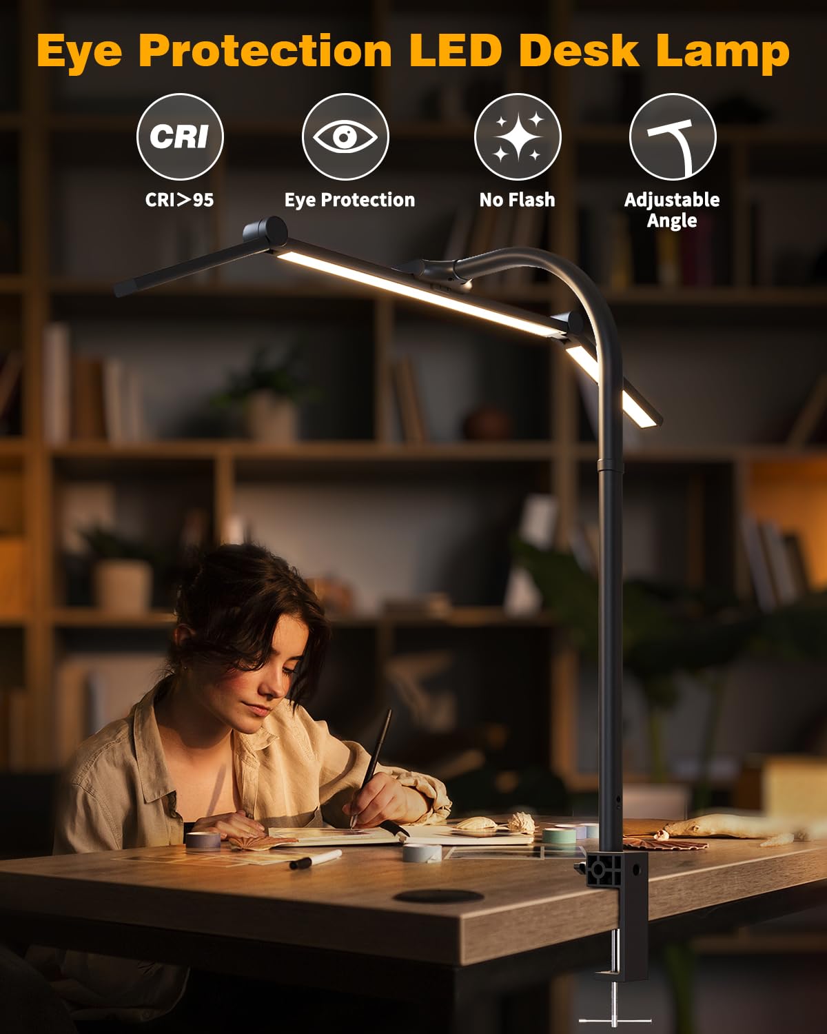 24W LED Desk Lamp with Remote - Adjustable Double Head Architect Lamp, Flexible Gooseneck & Clamp, 5 Color Modes, Eye-Caring Light for Home Office, Computer Work, Drafting & Reading