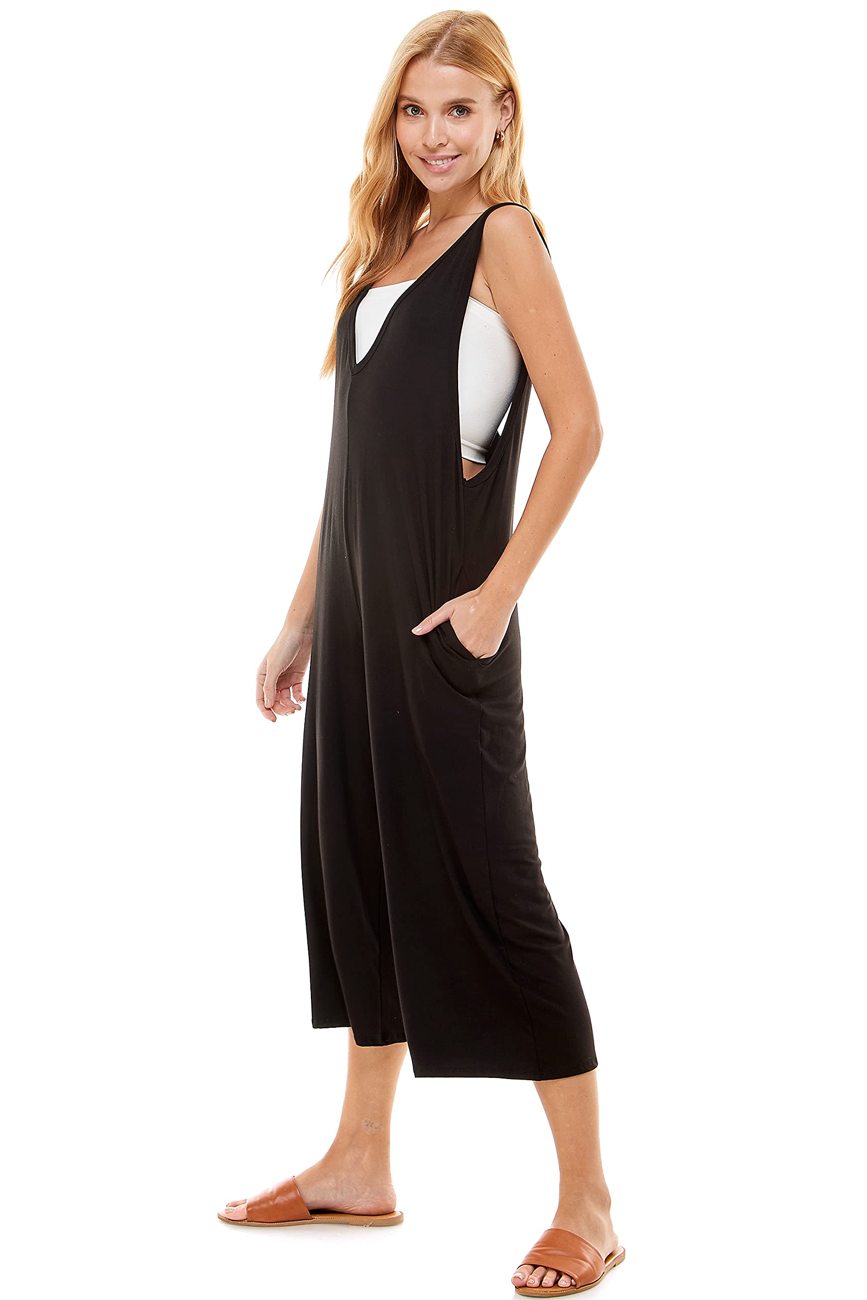 Women's Loose Fit Sleeveless Jumpsuit with Pockets - Casual Capri Romper for Summer, Maternity & Everyday Wear | Perfect for Beach, Travel & Relaxation
