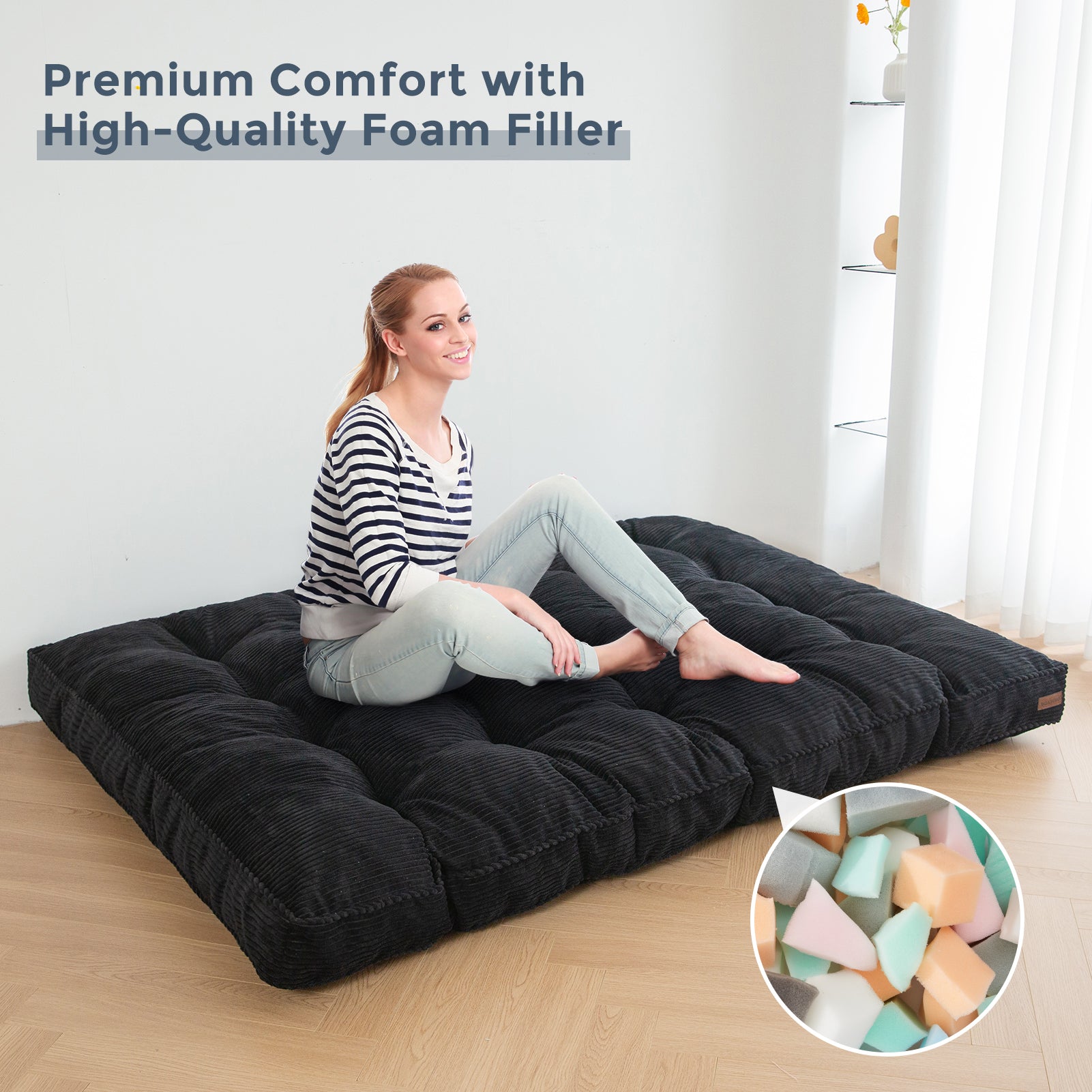 MAXYOYO 6-Inch Tufted Futon Sofa Couch Bed - Thick Corduroy Fabric Floor Futon Mattress for Adults (Mattress Only) in Black - Perfect for Small Spaces, Guest Rooms & Dorm Rooms