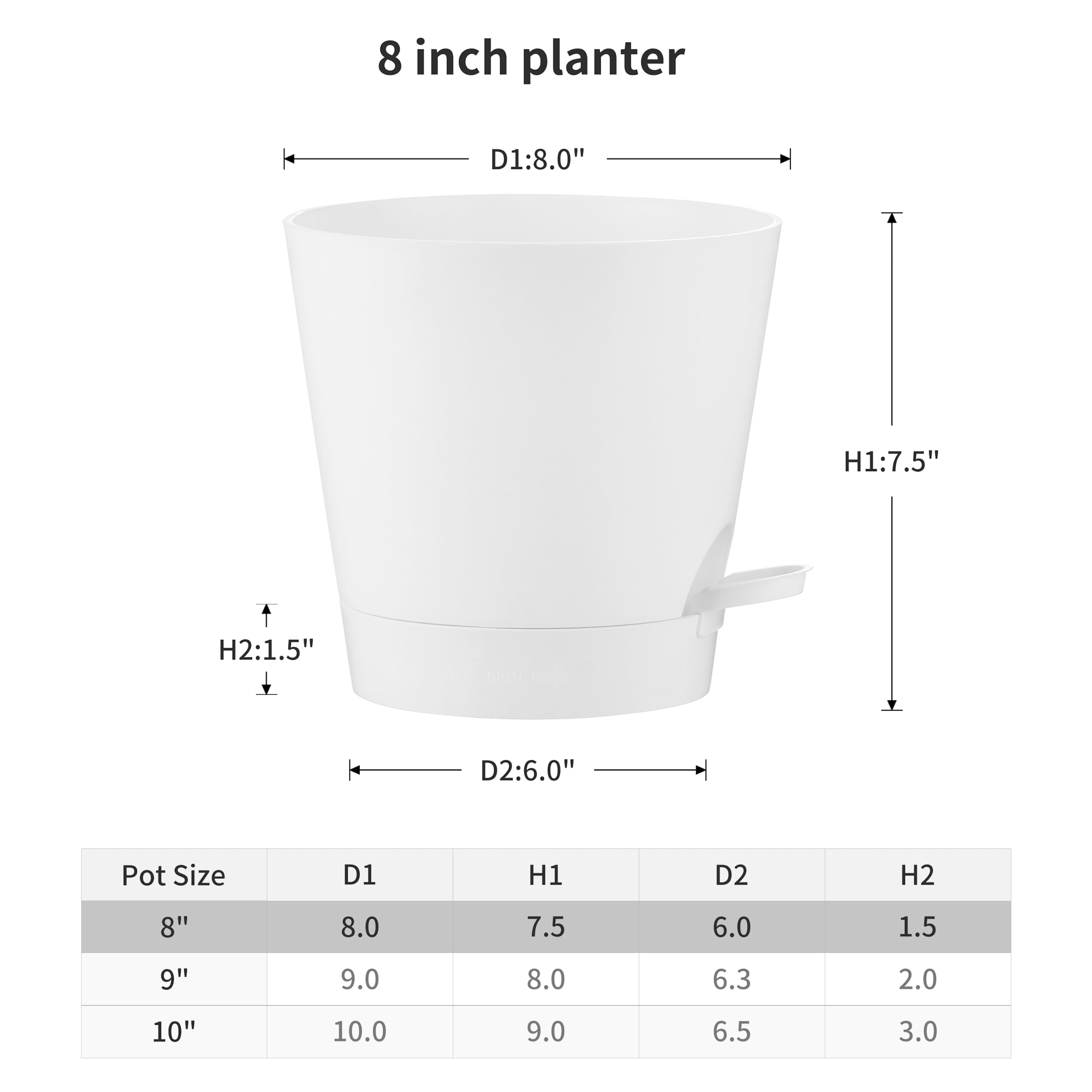 FaithLand 2-Pack 8 Inch Self Watering Planters for Indoor Outdoor Plants - White Flower Pots with Deep Water Reservoir - Perfect for Herbs, Succulents, and Home Garden Decor