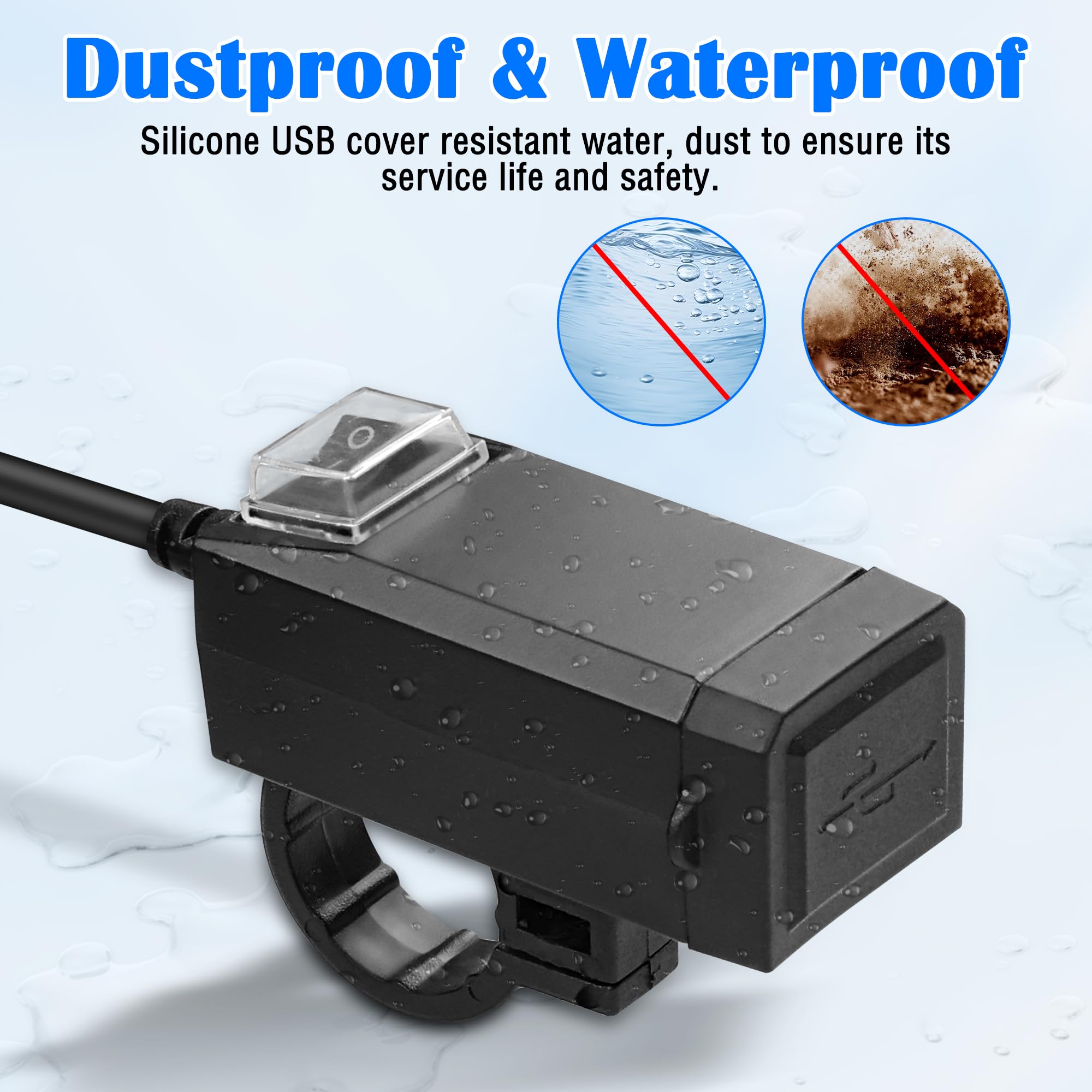 MEIRIYFA QC3.0 Dual USB Motorcycle Charger - 5V 2.1A Waterproof Fast Charging Port with ON/Off Switch - Universal USB Phone Charger for Motorcycle, Motorbike, Car, Truck - Perfect for Road Trips & Outdoor Adventures