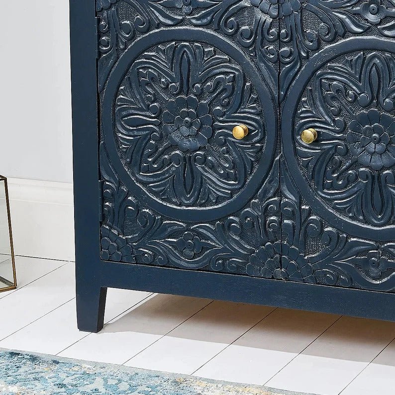 Hand Carved Wooden Storage Cabinet - Small Sideboard with Intricate Designs | Perfect for Living Room, Bedroom, or Entryway Organization