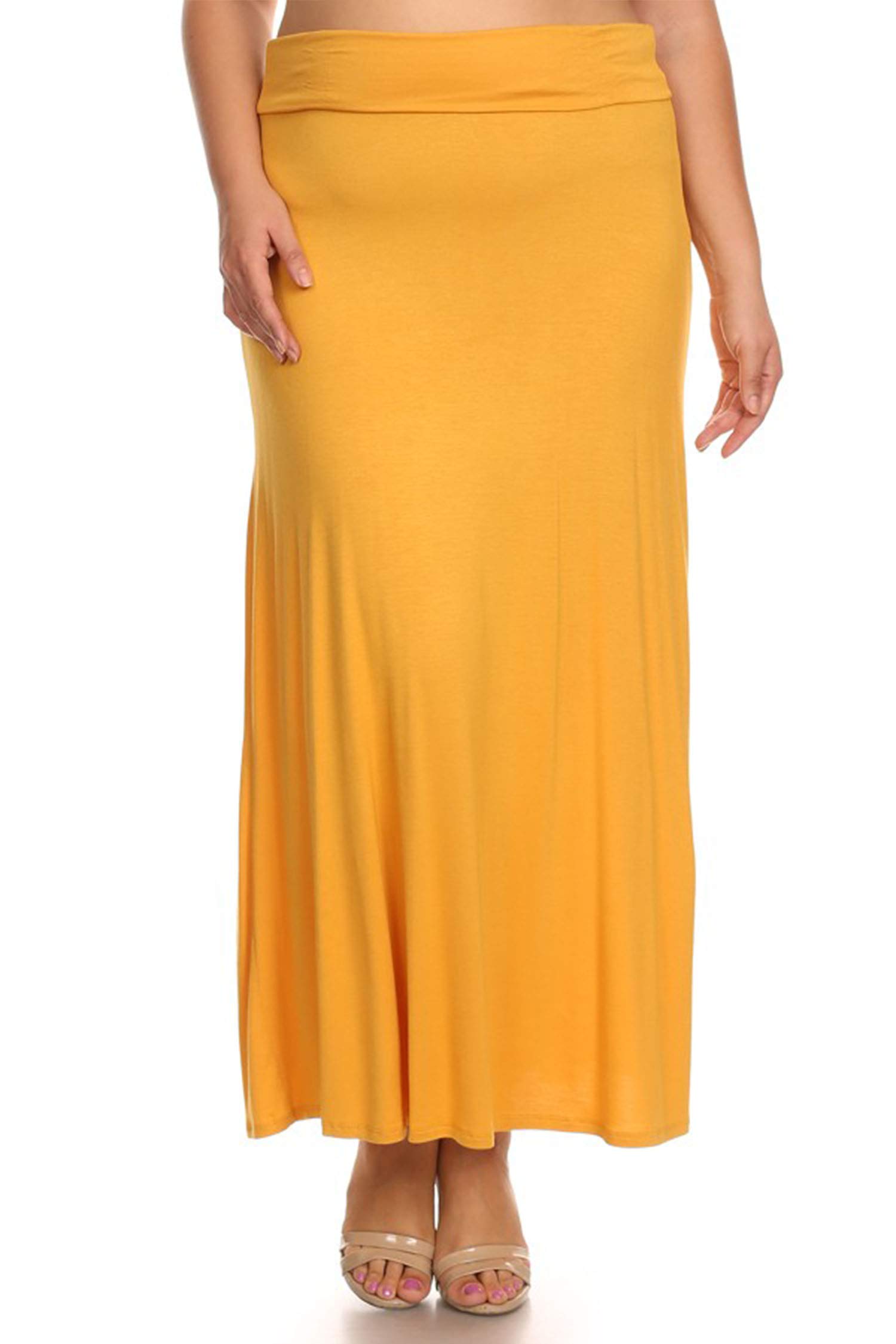 Plus Size High Waist Flare Maxi Skirt - Solid Print Casual Office Work Skirt | Made in USA | Mustard Color | 3XL | Perfect for Business Casual, Date Night & Summer Outfits