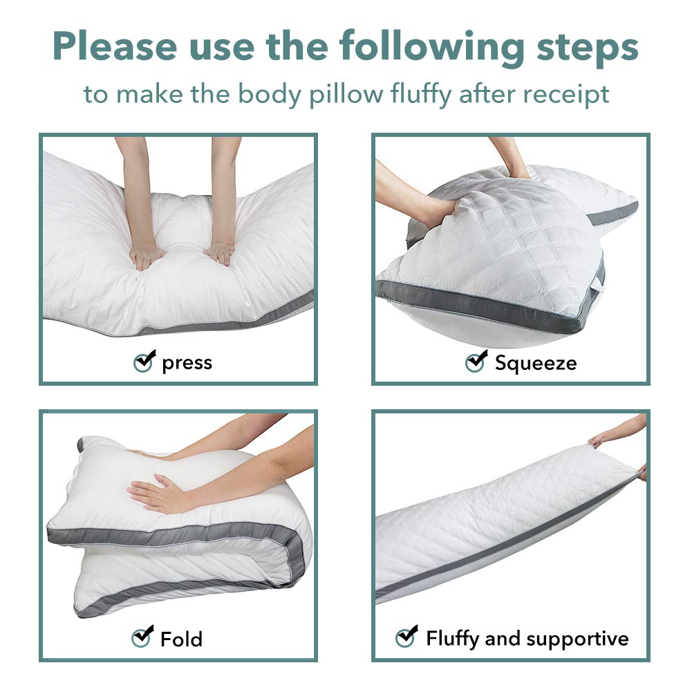 Premium Adjustable Loft Quilted Body Pillow with 100% Cotton Pillowcase - All Seasons Comfort in Light Grey | Perfect for Pregnancy Support, Back Pain Relief & Lounging