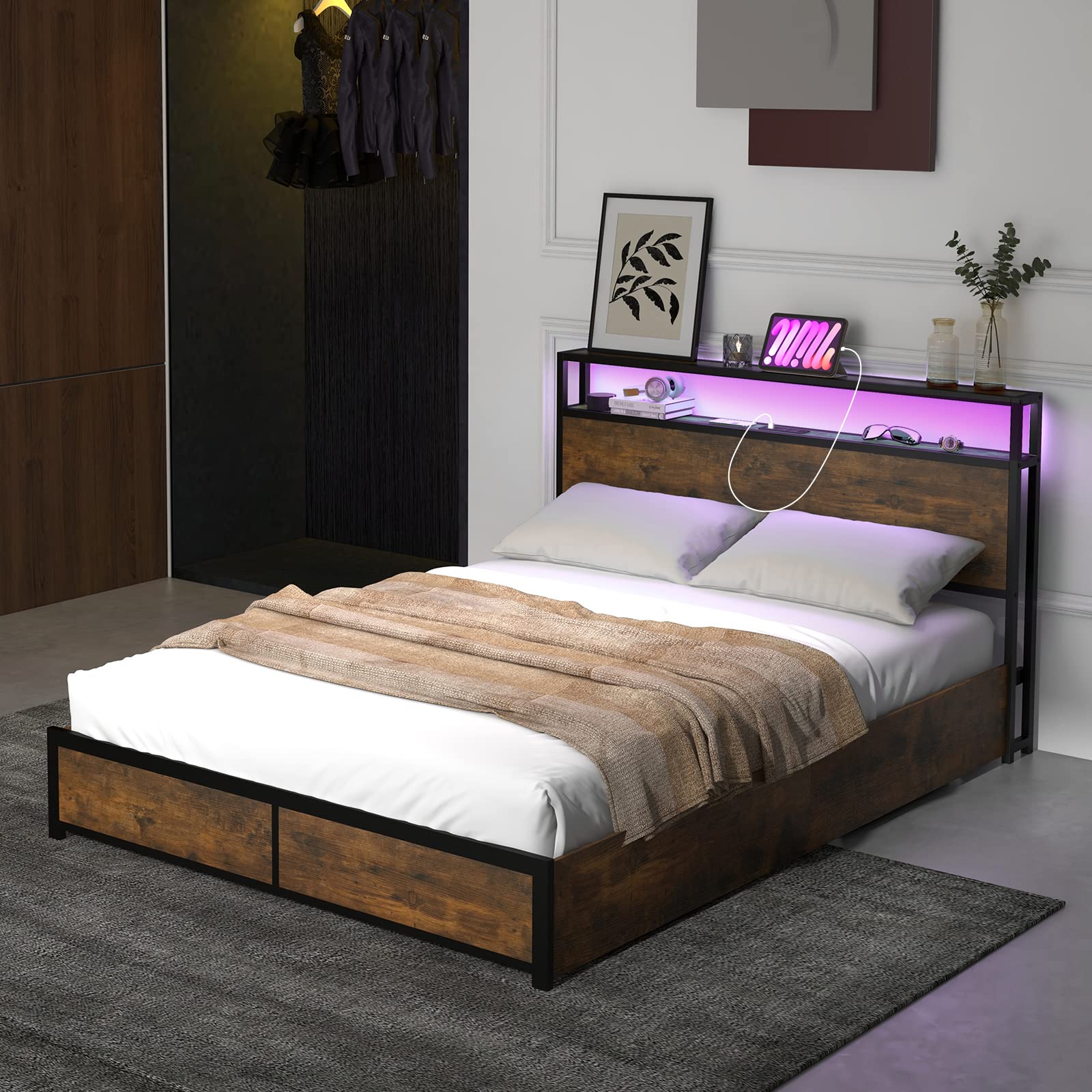 Giantex Full Size LED Bed Frame with USB Charging Station & Storage Drawers - Modern Metal Platform Bed with Outlet & Smart Lighting - Perfect for Small Apartments, Dorms & Smart Homes (No Box Spring Needed, Easy Assembly)