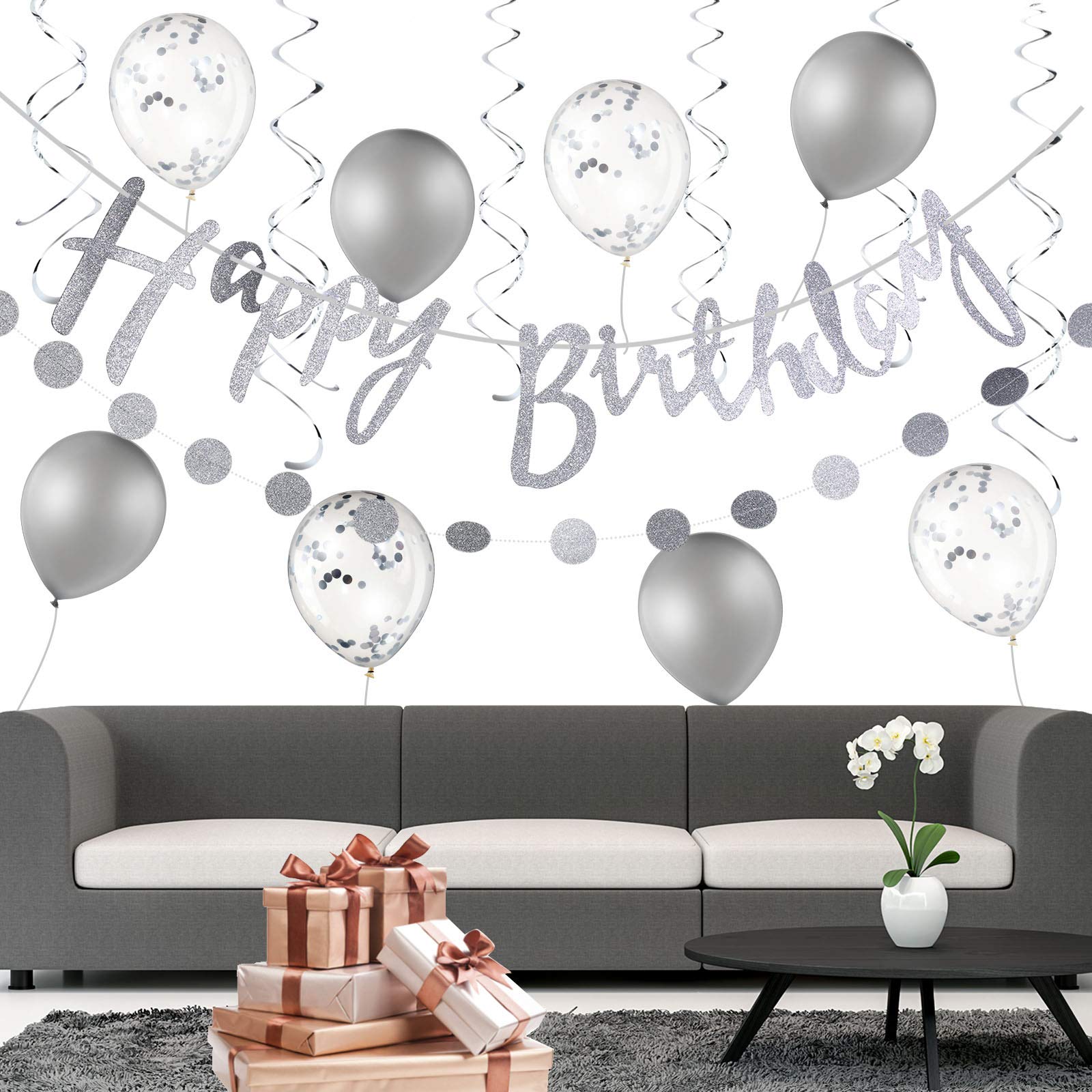 Silver Glitter Happy Birthday Banner Decoration Kit with Balloons, Circles & Swirls - Perfect for Baby Showers, Weddings, Anniversaries & Birthday Parties | Party Supplies & Hanging Decorations