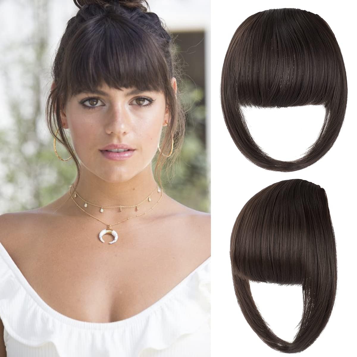 BOXO Synthetic Clip-On Hair Fringe Bangs Extension for Women - Natural Black & Brown Colors - 1 Piece | Perfect for Cosplay, Costume Parties & Everyday Hairstyle Enhancement