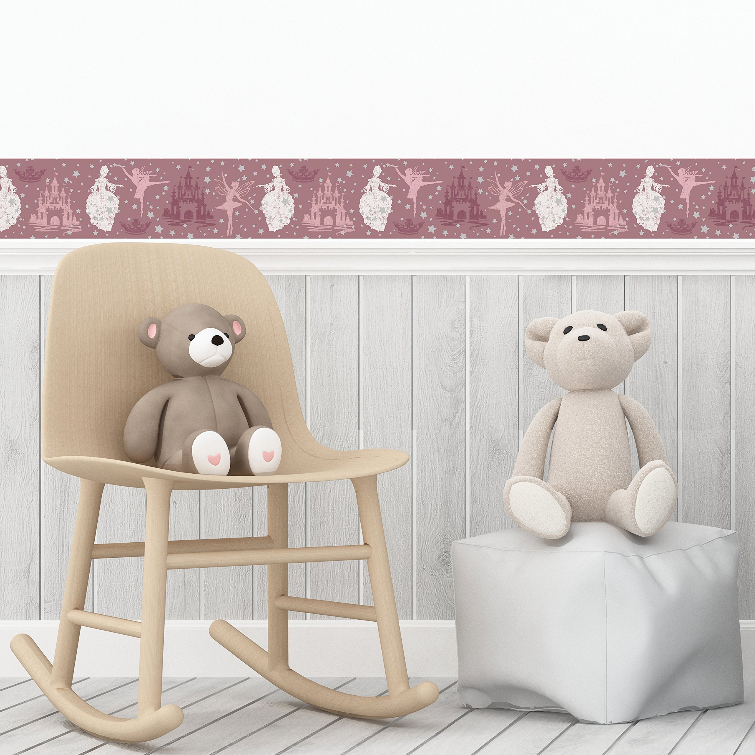 Tempaper Kids Pink and Metallic Silver Princess Wallpaper | Designer Removable Peel and Stick Borders & Stripes for Nursery, Bedroom, and Playroom Decor