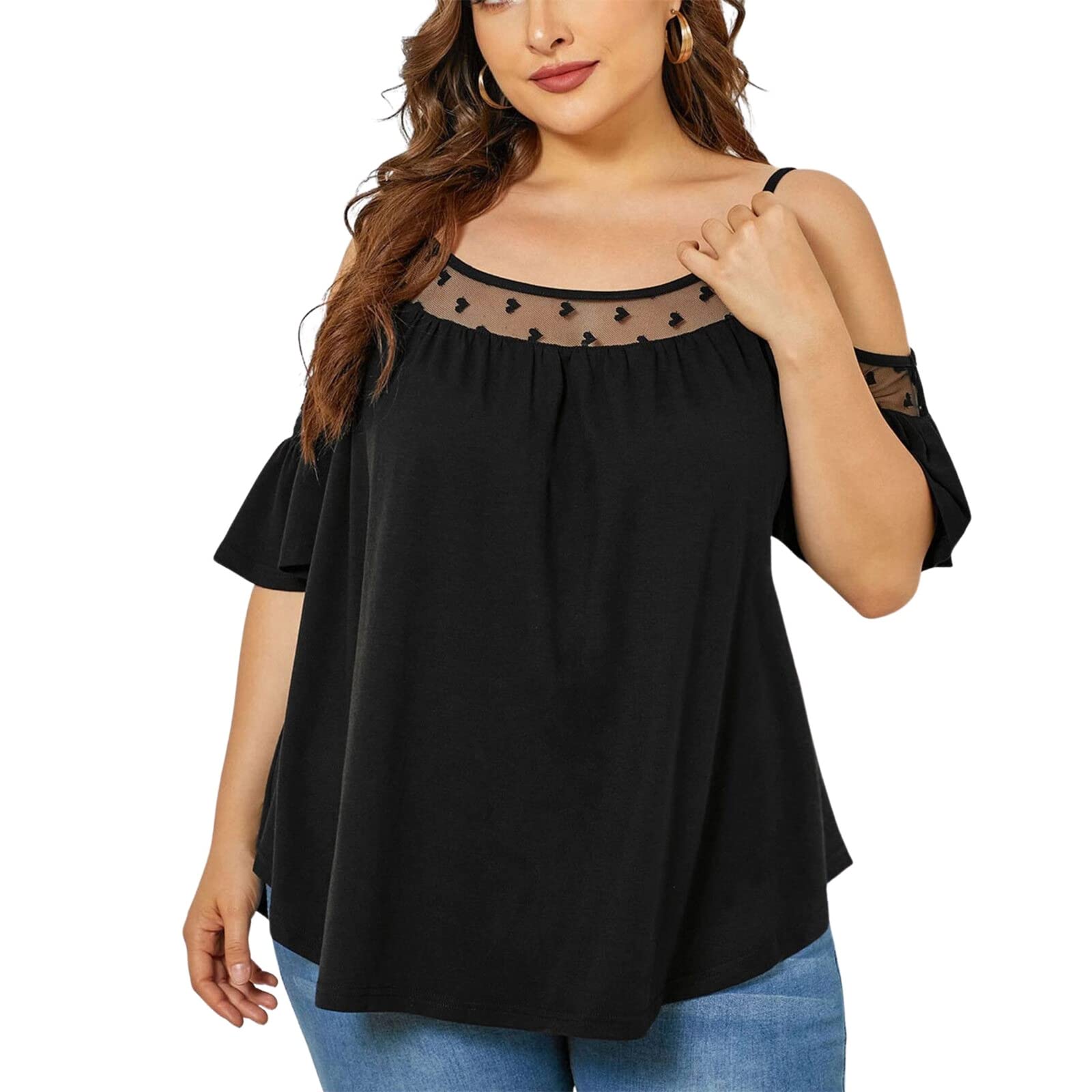 Trendy Plus Size Women's Cold Shoulder Tops - Ruffle Half Sleeve Tunic Blouse with Mesh Scoop Neck | Perfect for Summer Outfits, Casual Wear & Date Nights