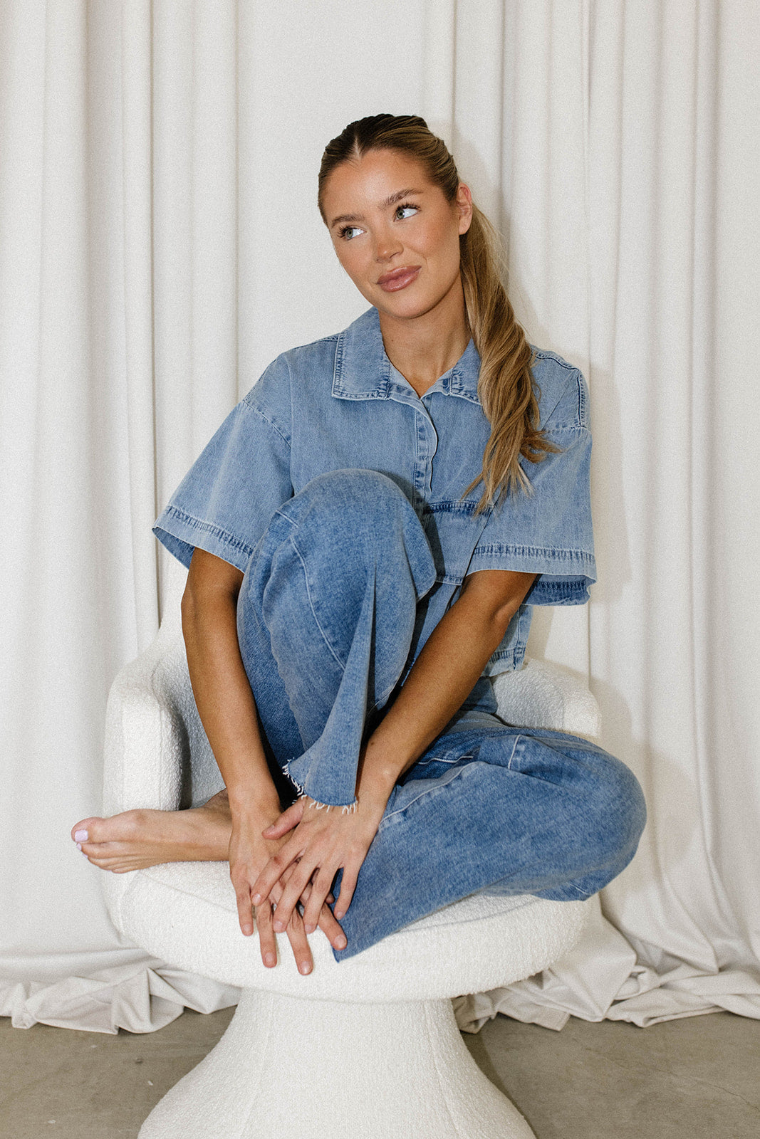 Carla 100% Cotton Chambray Cropped Shirt - Women's Casual Short Sleeve Button Down Top for Summer Outfits, Beach Wear & Boho Style