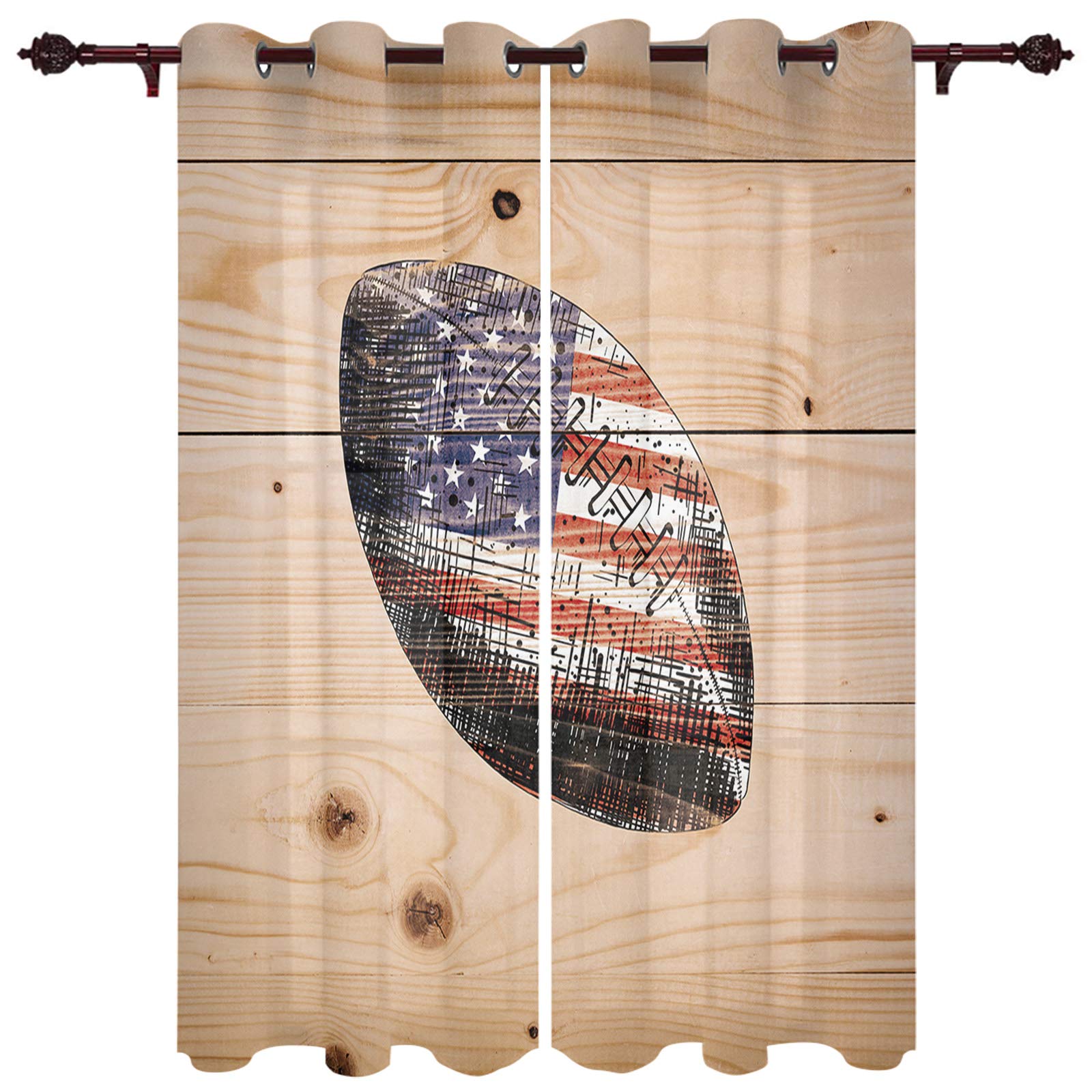 Sports Themed Blackout Window Curtains with Grommets - 2 Panel Set for Kitchen, Bedroom, Bathroom & Office - Football & American Flag Design on Wooden Plank Pattern - Perfect for Game Rooms, Man Caves & Sports Decor