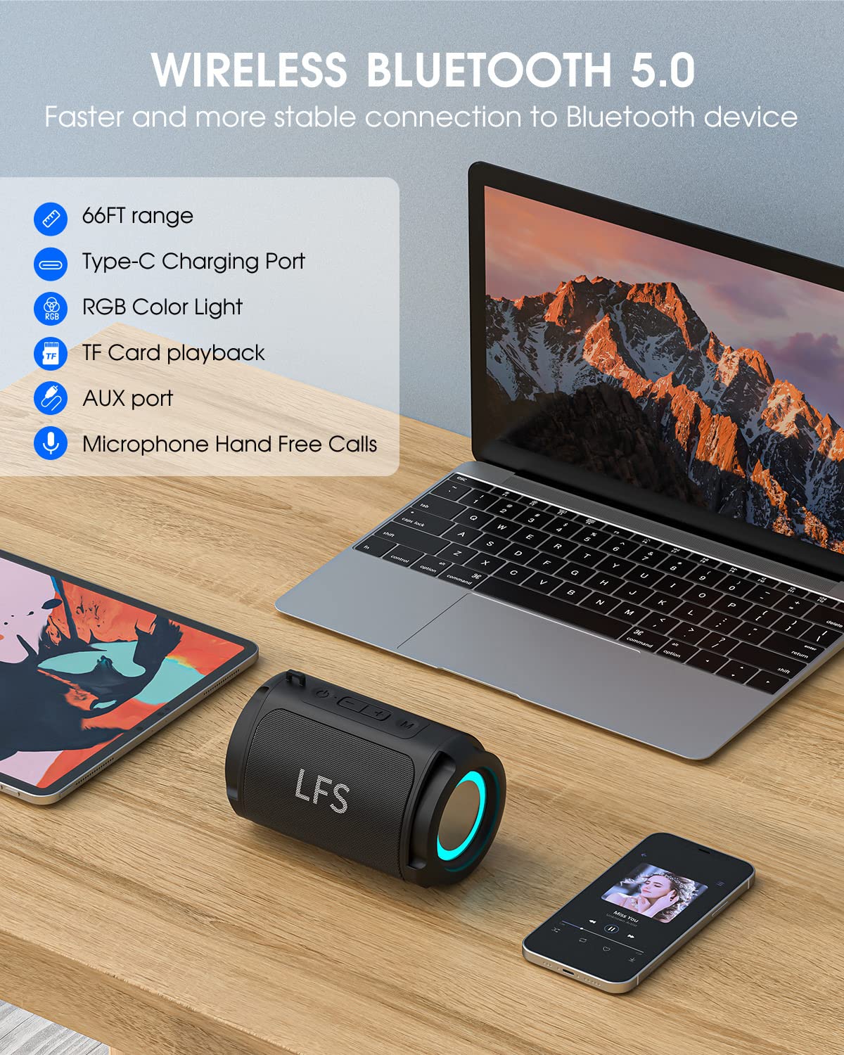 Portable Bluetooth Speaker Waterproof Wireless Speaker with TWS Pairing, RGB Lights, 15H Playtime - Mini Travel Speaker for Shower, Beach, Camping, Home & Outdoor Activities | Perfect for Pool Parties, Hiking & Backyard BBQs