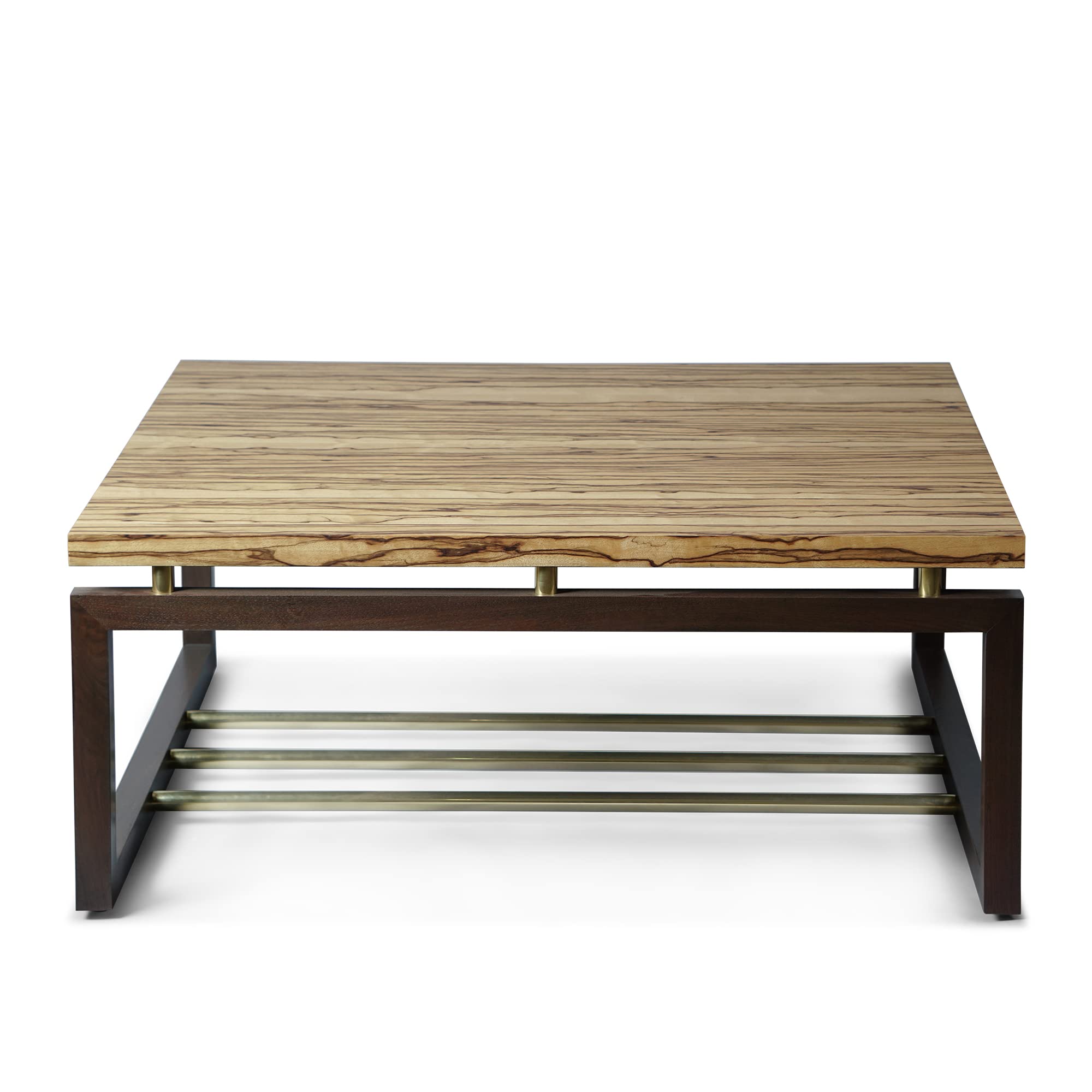 Modern Black Limba Wood Coffee Table with Matte Lacquer Finish - Walnut & Brass Base for Living Room, Lounge, or Office Decor
