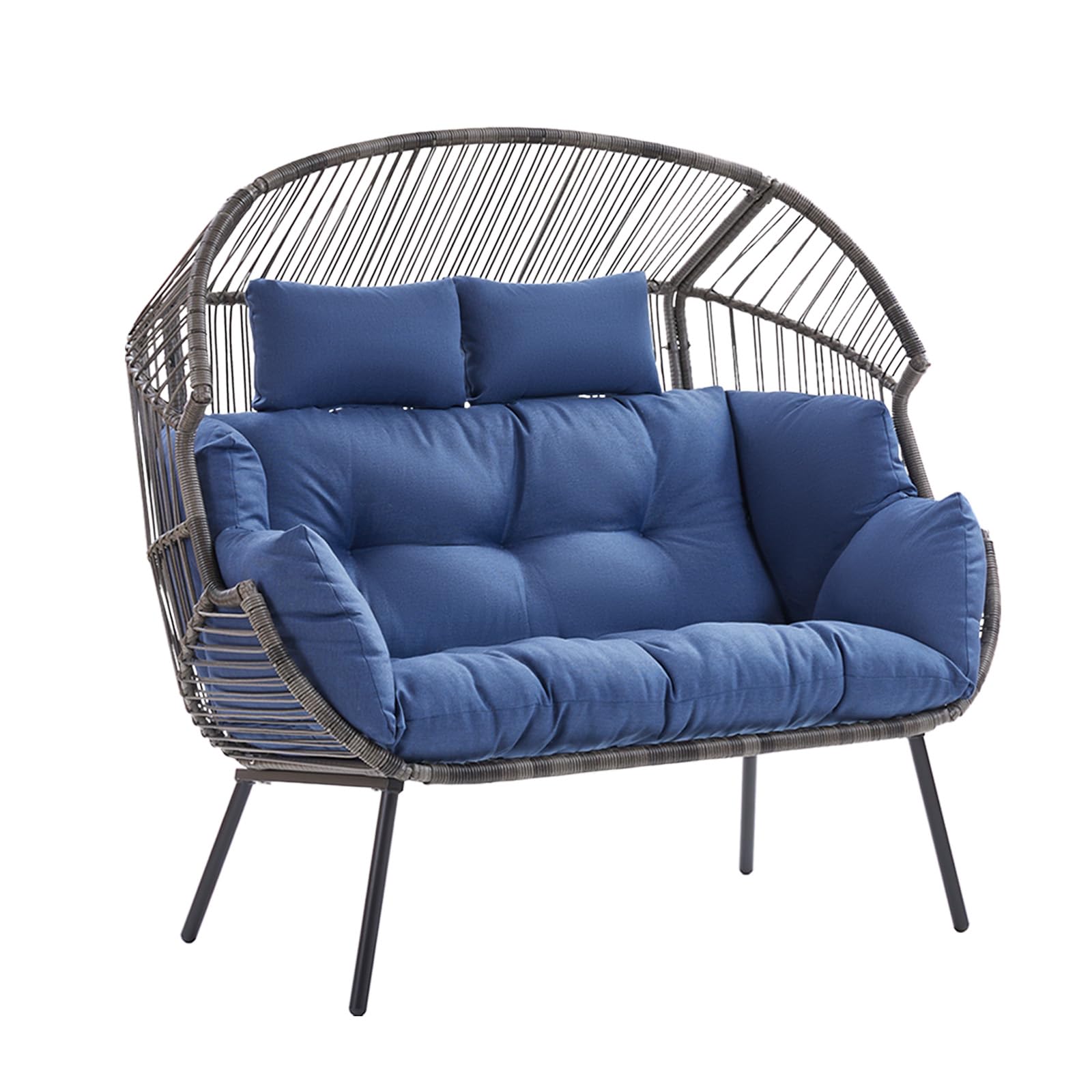 2-Person Outdoor Wicker Egg Chair with Cushions & Pillow - Rattan Tear Drop Basket Patio Lounge Chair for Porch, Deck, Backyard, Garden (Grey/Blue) - Perfect for Relaxing, Sunbathing, and Outdoor Conversations