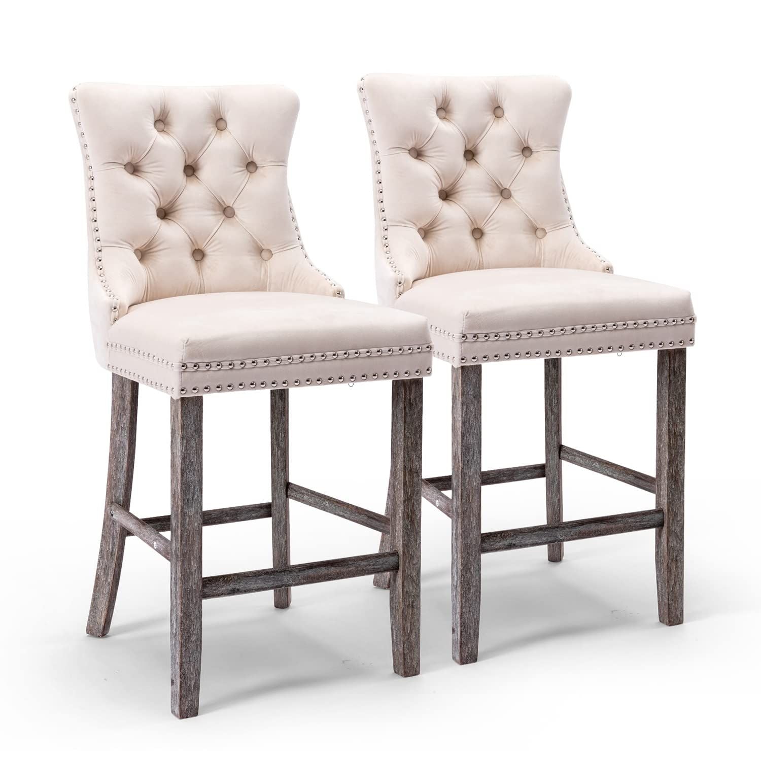 4 Velvet Bar Stools with Studs Trim & Wooden Legs - Tufted Dining Chairs for Kitchen Counter, Breakfast Nook & Home Bar - Comfortable Seating for Entertaining