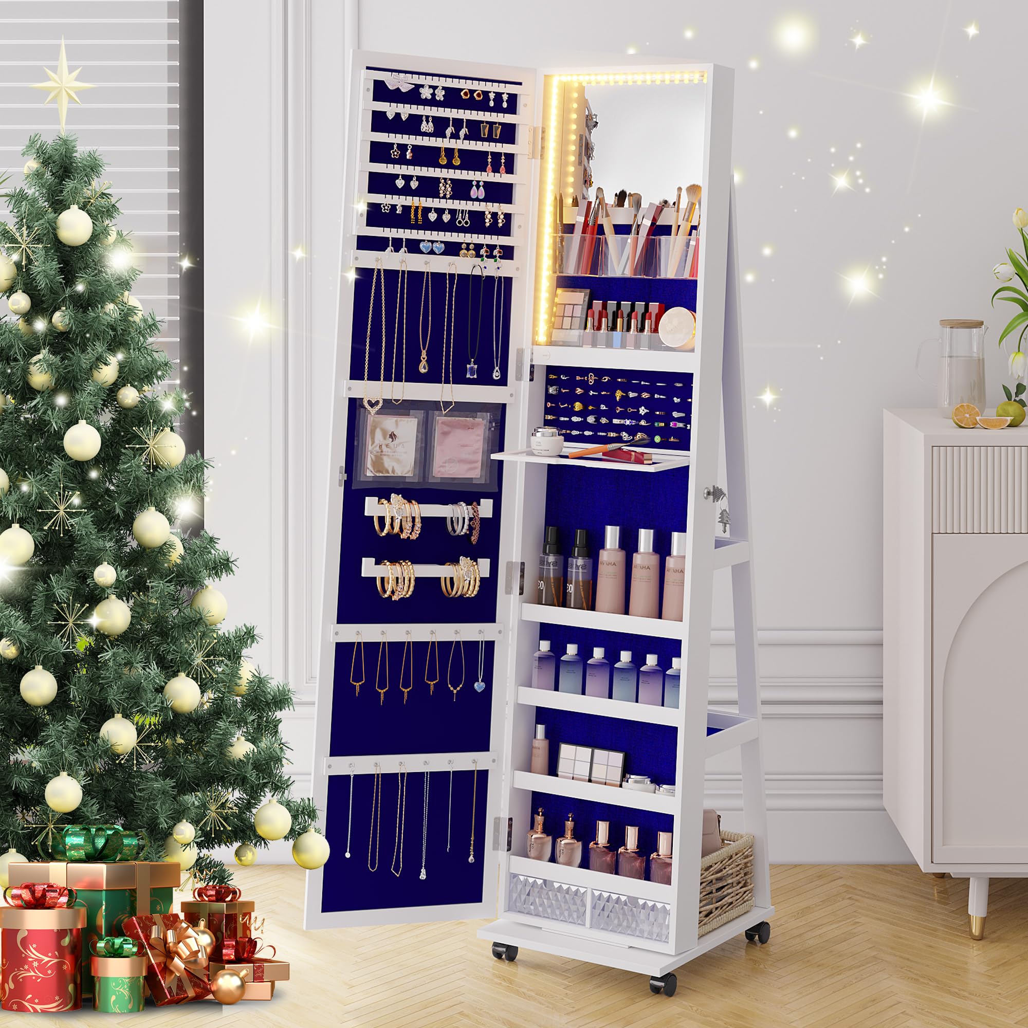 360° Rotating Jewelry Armoire with LED Lights & Lockable Cabinet - Full Length Mirror with Jewelry Storage - Large Jewelry Organizer with Wheels & Foldable Makeup Shelf (White) - Perfect for Bedroom, Dressing Room & Closet Organization