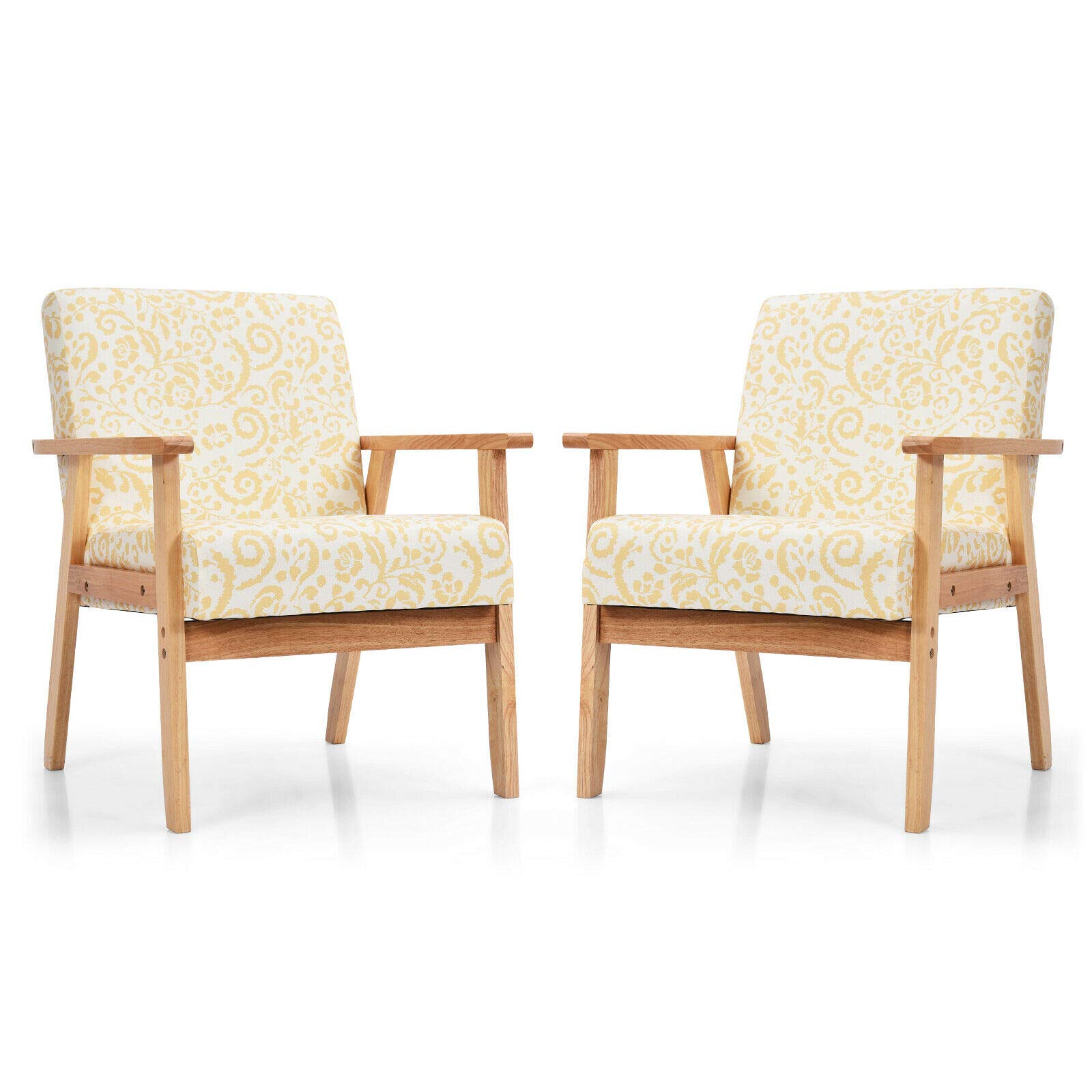 2PCS Yellow Floral Accent Chairs - Upholstered Armchairs with Thick Cushions, Ergonomic Armrests & Non-Slip Foot Pads - Solid Rubberwood Lounge Chairs for Living Room, Study, Balcony, Office & Reading Nook Decor