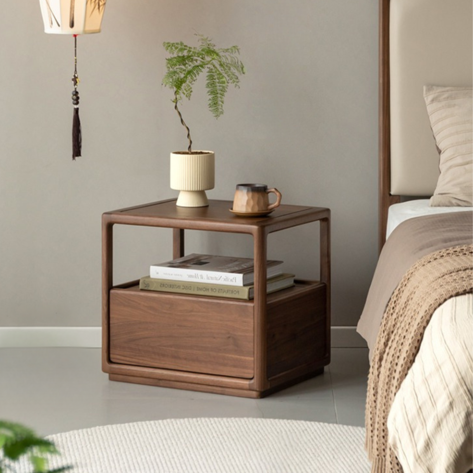 Premium Black Walnut Solid Wood Nightstand with Locking Storage | Modern Bedside Table for Bedroom, Living Room & Office | Durable Wooden Cabinet with Secure Drawer