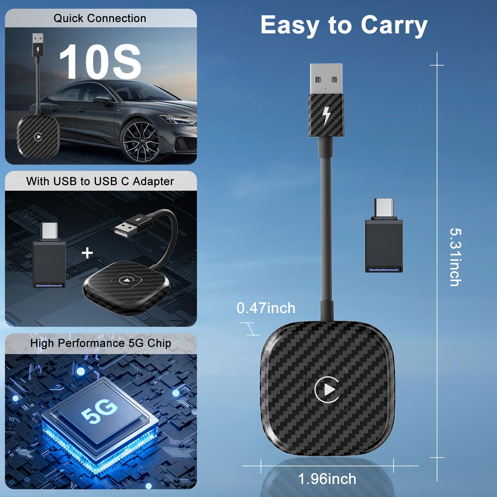 2024 Upgraded Wireless CarPlay Adapter - Convert Wired to Wireless CarPlay, Plug & Play for Cars After 2017 & iOS 10+, Seamless Music & Navigation for Commuting & Road Trips