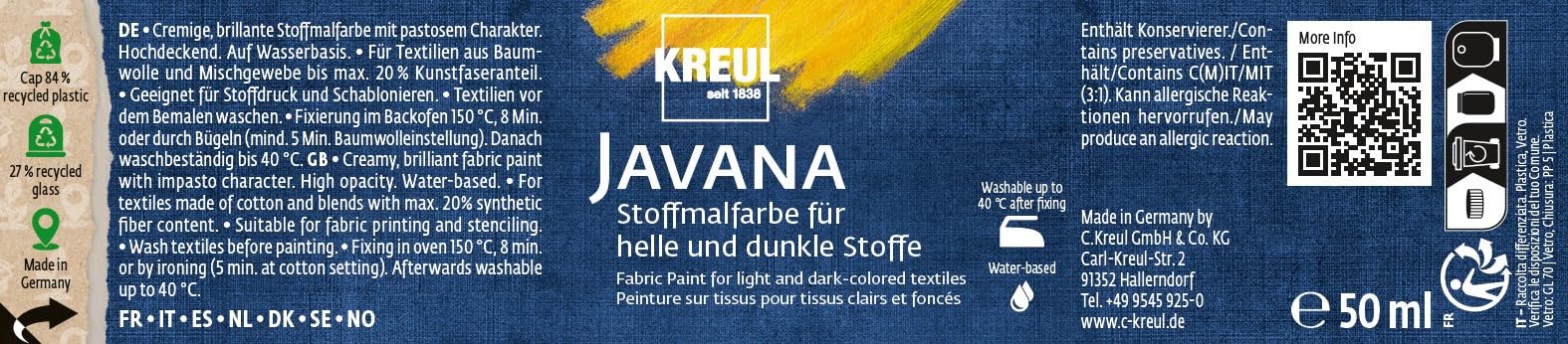 Kreul Javana Fabric Paint for Light & Dark Fabrics - Water-Based Textile Paint with Thick Consistency - 50ml Glass Bottle in Ice Blue | Perfect for DIY Clothing, Home Decor & Fabric Crafts