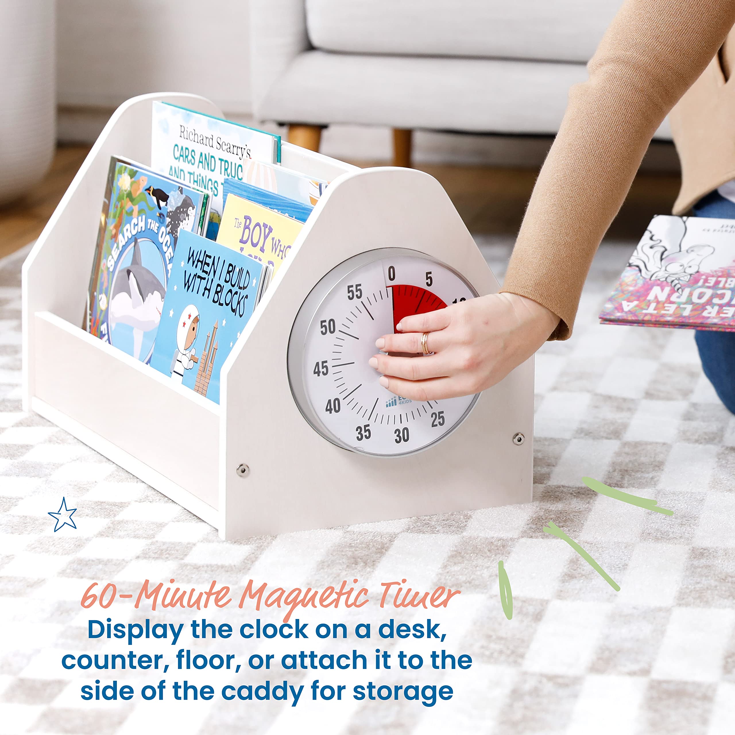 ECR4Kids Double-Sided Book Caddy with Timer - Portable Bookshelf Organizer for Classroom & Home - White Wash Finish - Ideal for Reading Corners, Daycare Centers & Homeschooling