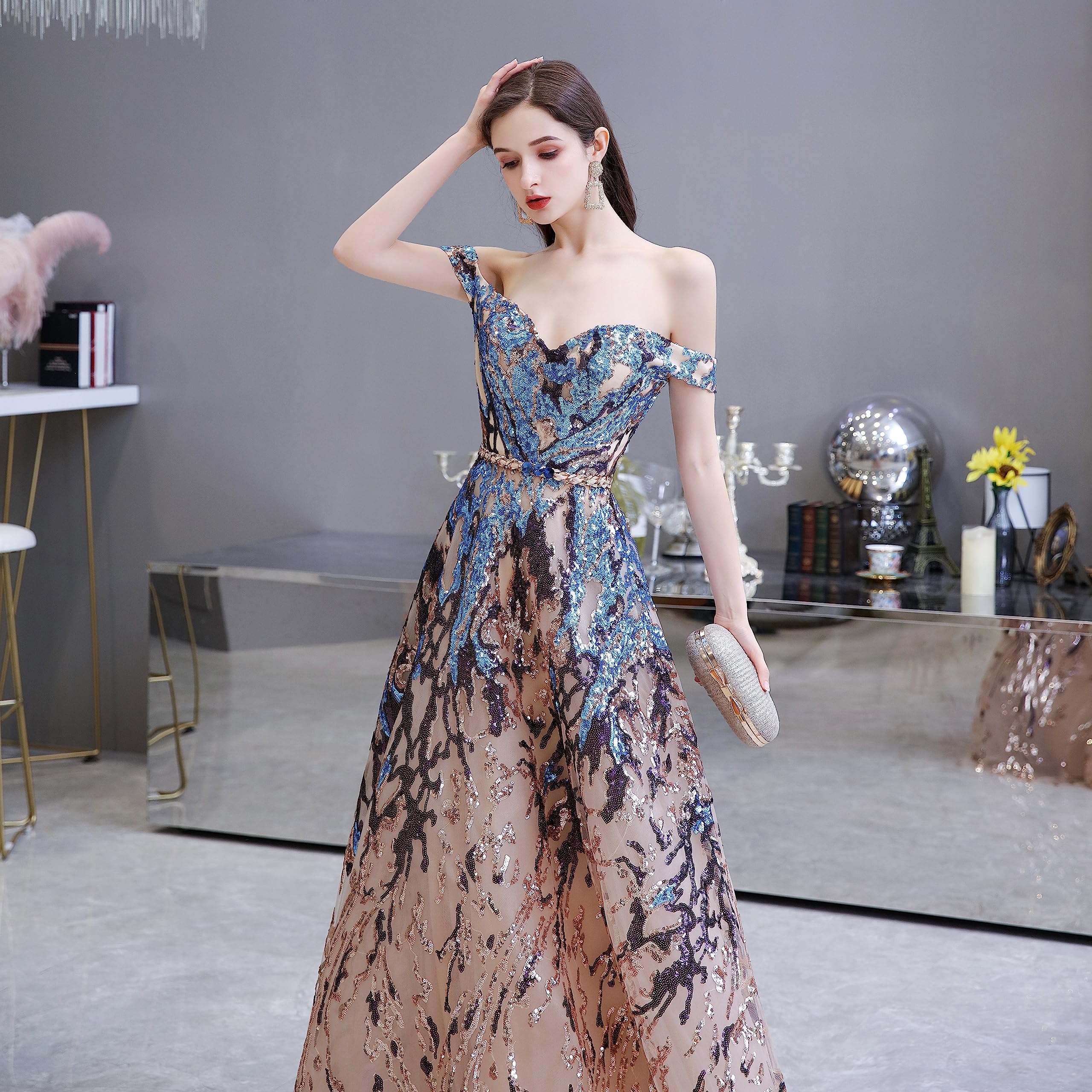 Elegant Sequin Off-Shoulder Sweetheart Prom Dress - Long Formal Evening Gown for Graduation, Homecoming & Special Occasions | Sparkly Colorful Party Dress for Women