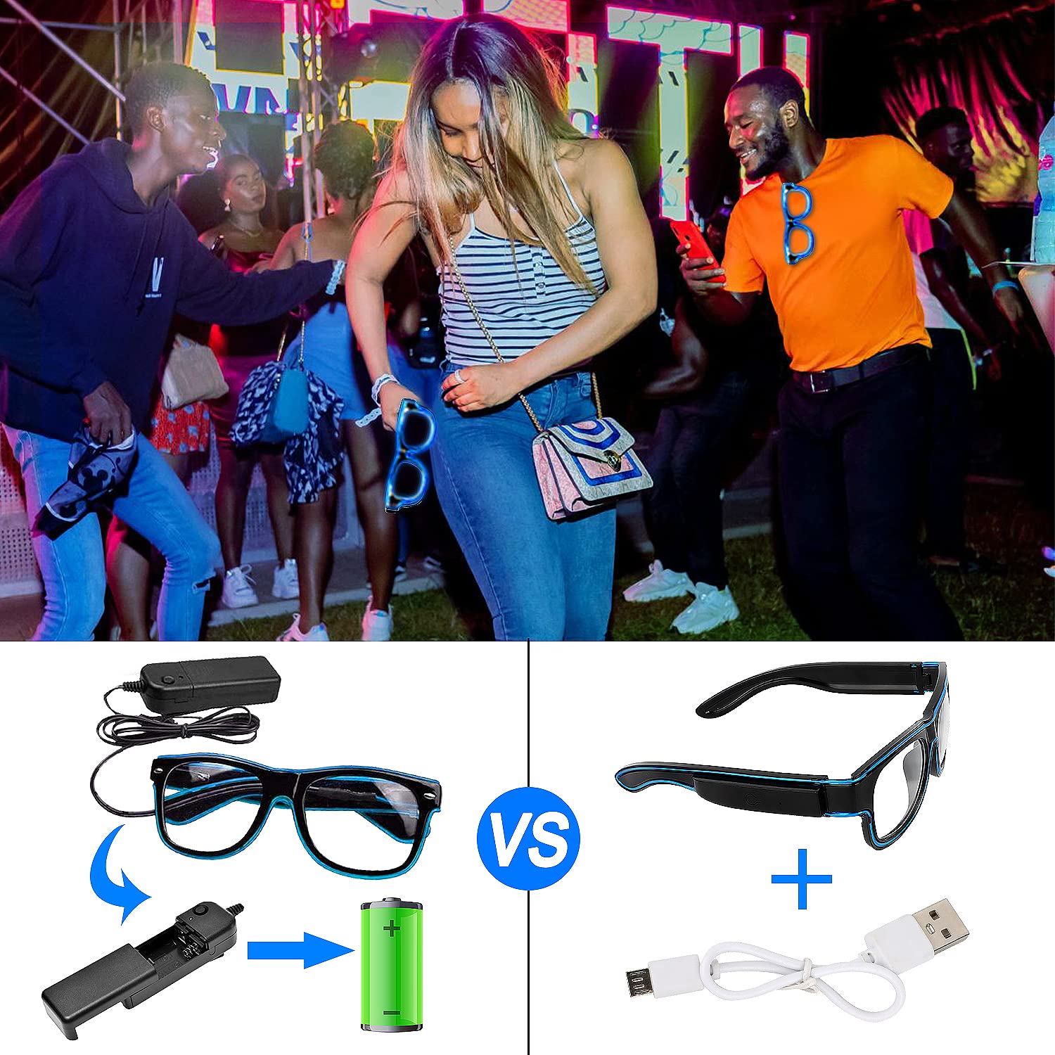YouRfocus Wireless LED Light Up Glasses 3 Pack - Glow in The Dark Neon Rave Glasses for EDM Parties, Concerts, Festivals & Nightclubs - Perfect for Halloween, Raves, DJ Events & Glow Parties
