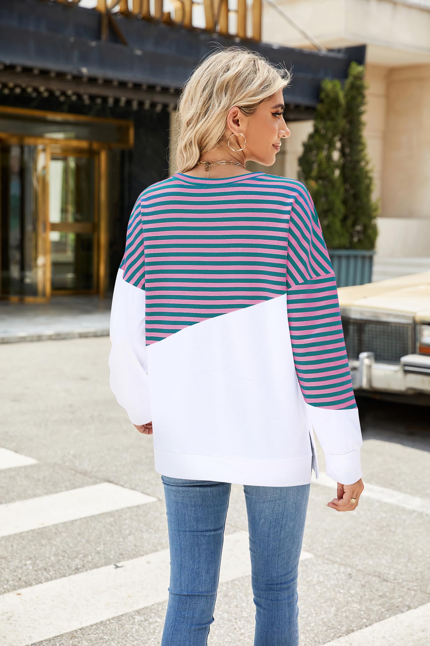 Fashionme Women's 2025 Striped Color Block Tunic Top with Side Slits - Long Sleeve Crewneck Loose Fit Casual T-Shirt Sweatshirt for Spring | Perfect for Work, Weekend Outfits & Layering