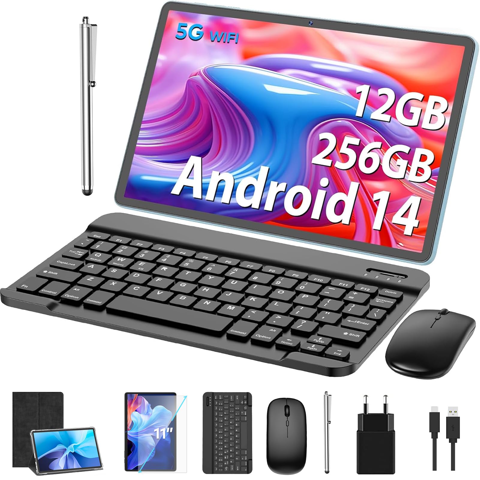 11 Inch Android 14 Tablet with Keyboard - 12GB RAM 256GB Storage (1TB Expandable) - Octa-Core Processor, 8000mAh Battery, Dual-Band WiFi - 13MP+5MP Camera - 2-in-1 Tablet Bundle with Keyboard Case, Mouse & Stylus (Black) - Perfect for Work, Study & Entertainment