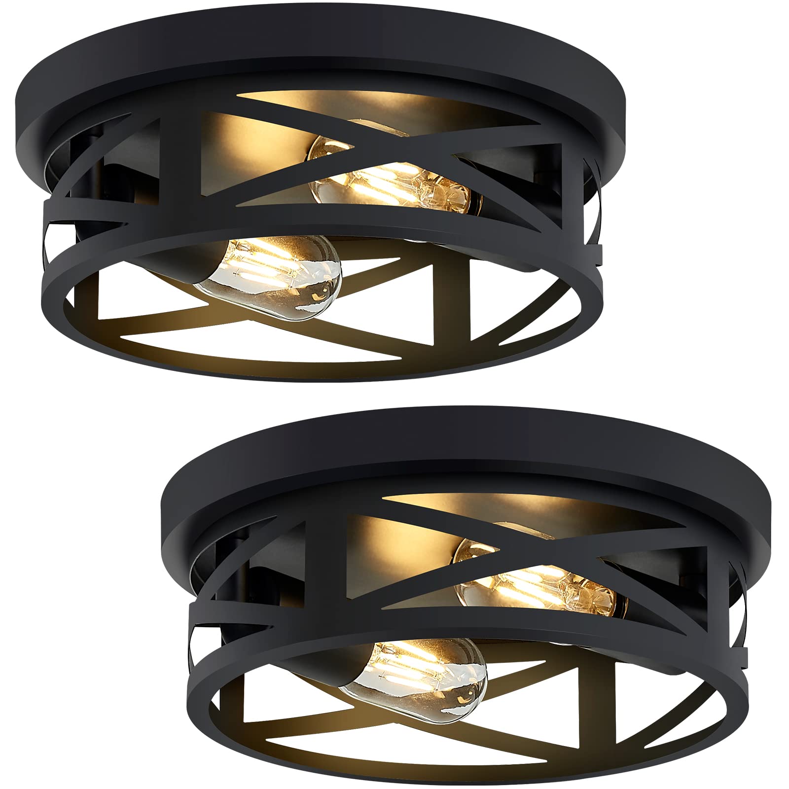 2 Pack Black Flush Mount Ceiling Light Fixtures - Industrial Farmhouse Metal Cage Lighting - E26 Base (10.63in) - Perfect for Kitchen, Entryway, Hallway, Bedroom & Dining Room Lighting
