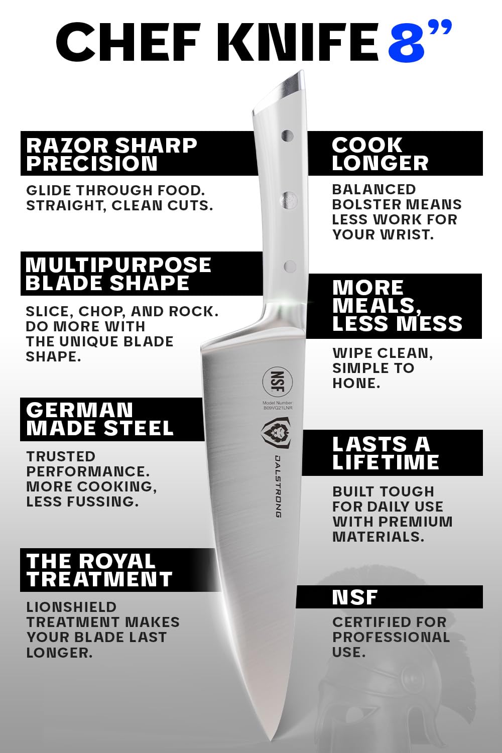 DALSTRONG 8-Inch Chef Knife - Gladiator Series - Forged High Carbon German Steel - Razor Sharp Professional Kitchen Knife - Full Tang Design - Glacial White ABS Handle - Includes Sheath - NSF Certified - Perfect for Slicing, Dicing, and Chopping Vegetables, Meat, and Herbs