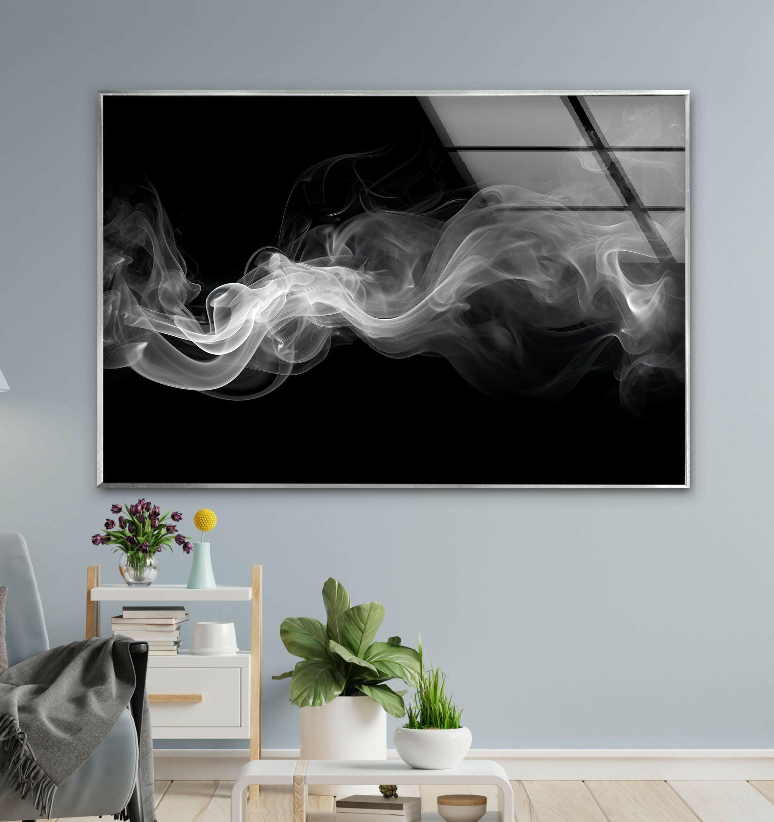 Black and White Smoke Glass Wall Art - Modern Abstract Home Decor for Living Room, Bedroom & Office - Elegant Glass Panel Artwork for Stylish Interior Design
