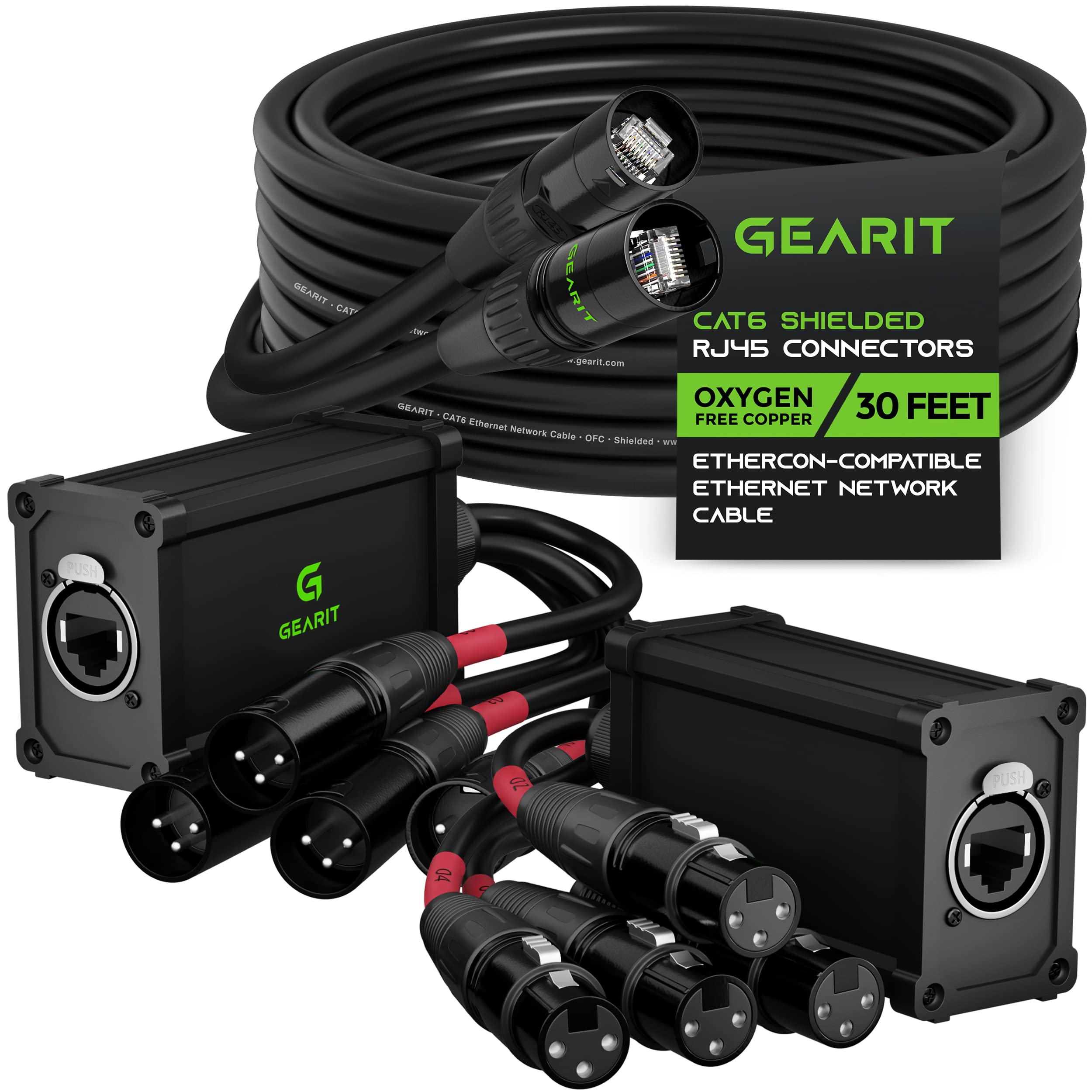 GearIT 30ft Ethernet Cable with EtherCon Connector & 4 Channel Snake - High-Speed Audio/Video Signal Transmission for Live Performances, Studio Recording, and Professional AV Setups