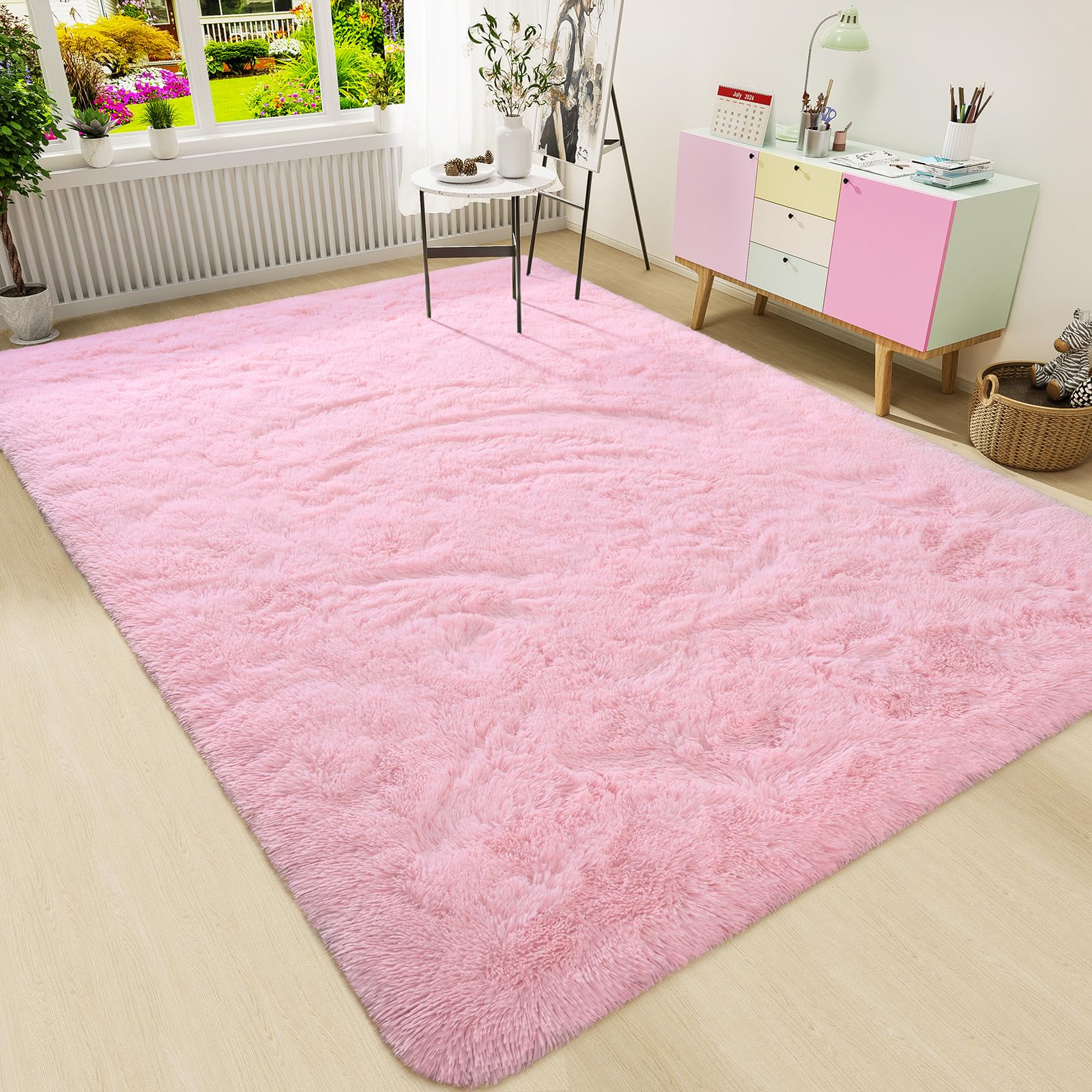 HOMORE 5x8 Feet Pink Fluffy Shag Rug - Ultra Soft Plush Area Carpet for Living Room, Bedroom, Nursery & Dorm Decor | Girls Room & Kids Room Accessories | Perfect for Cozy Home, Playroom & Indoor Decor
