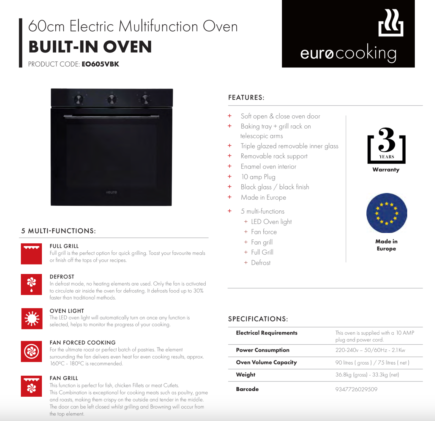 Euro Appliances EO605VBK 60cm Black Glass Electric Oven - Built-in Kitchen Oven with Fan Forced Cooking - Perfect for Baking, Roasting & Grilling in Modern Homes