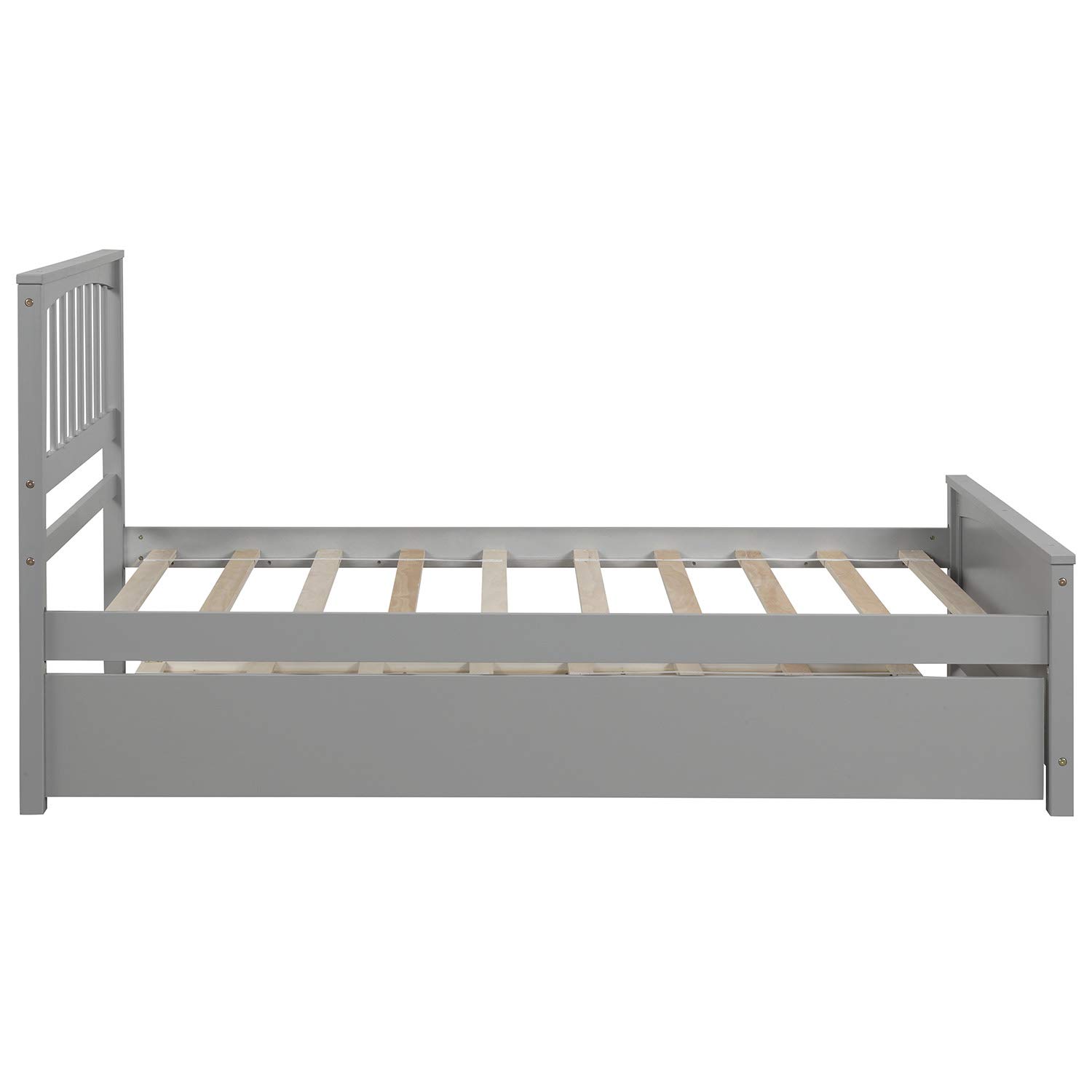 **Twin Size Solid Wood Platform Bed Frame with Trundle & Headboard - No Box Spring Needed - Grey - Perfect for Kids' Bedroom, Guest Room & Small Spaces**